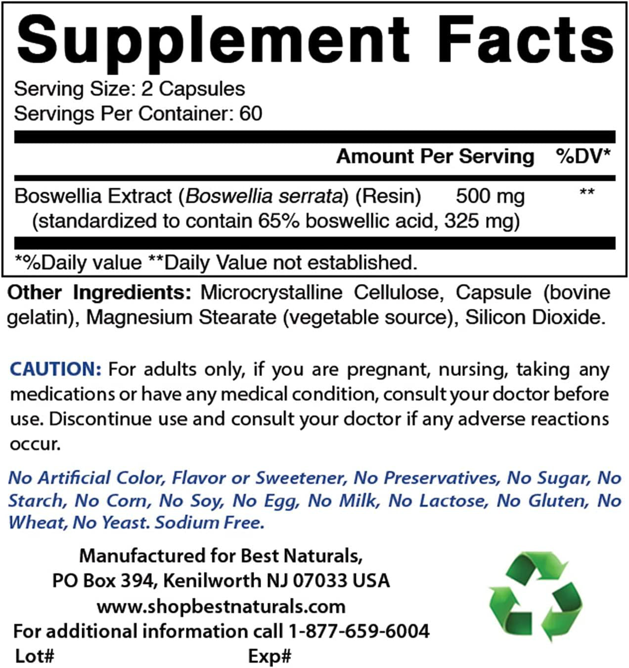 Best Naturals Boswellia Serrata Joint Health 250 mg 120 Capsules - Standardized to 65% Boswellic Acid