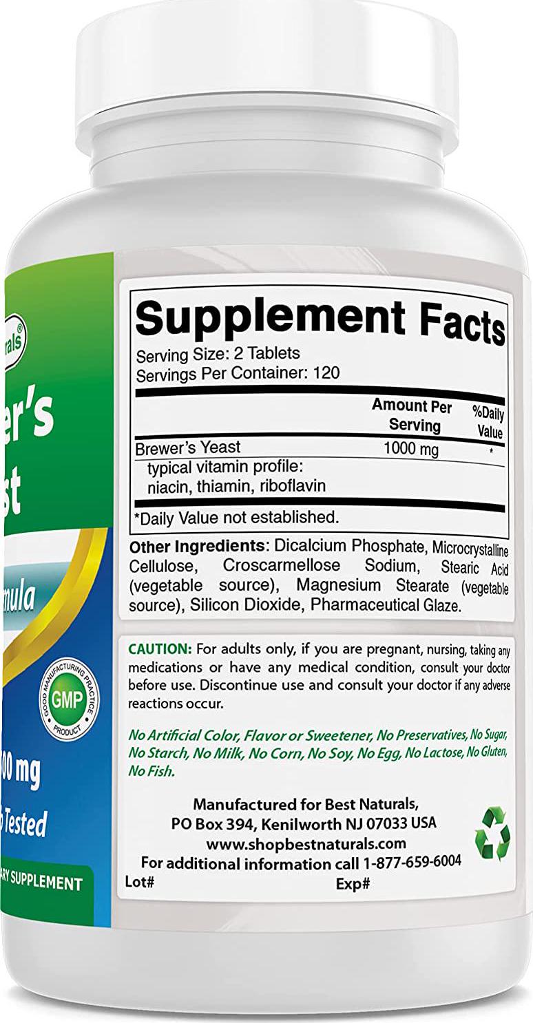 Best Naturals, Brewers Yeast, 7-1/2 Grains with Vitamin B1, Vitamin B2, 1000 mg 240 Tablets (240 Count (Pack of 2))