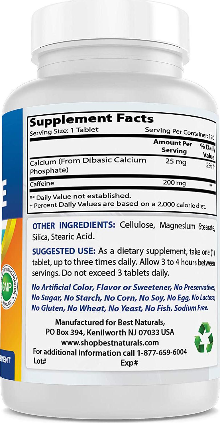 Best Naturals Caffeine Pills 200mg 120 Tablets - Non Habit - Proven No Crash or Jitters