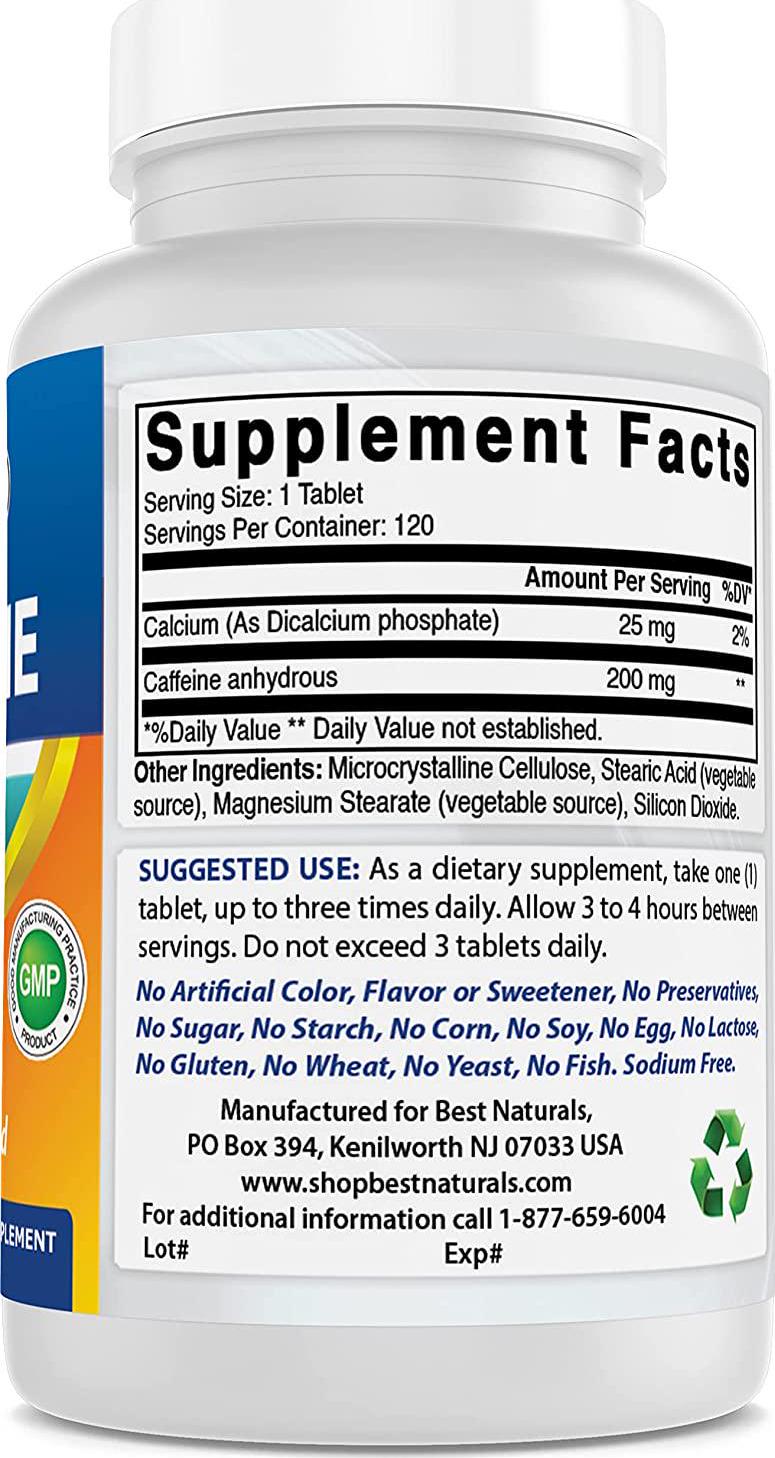 Best Naturals Caffeine Pills 200mg, 120 Count