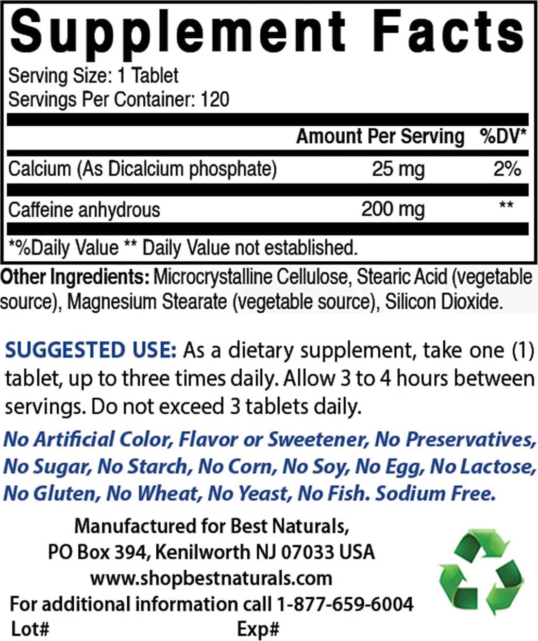 Best Naturals Caffeine Pills 200mg, 120 Count