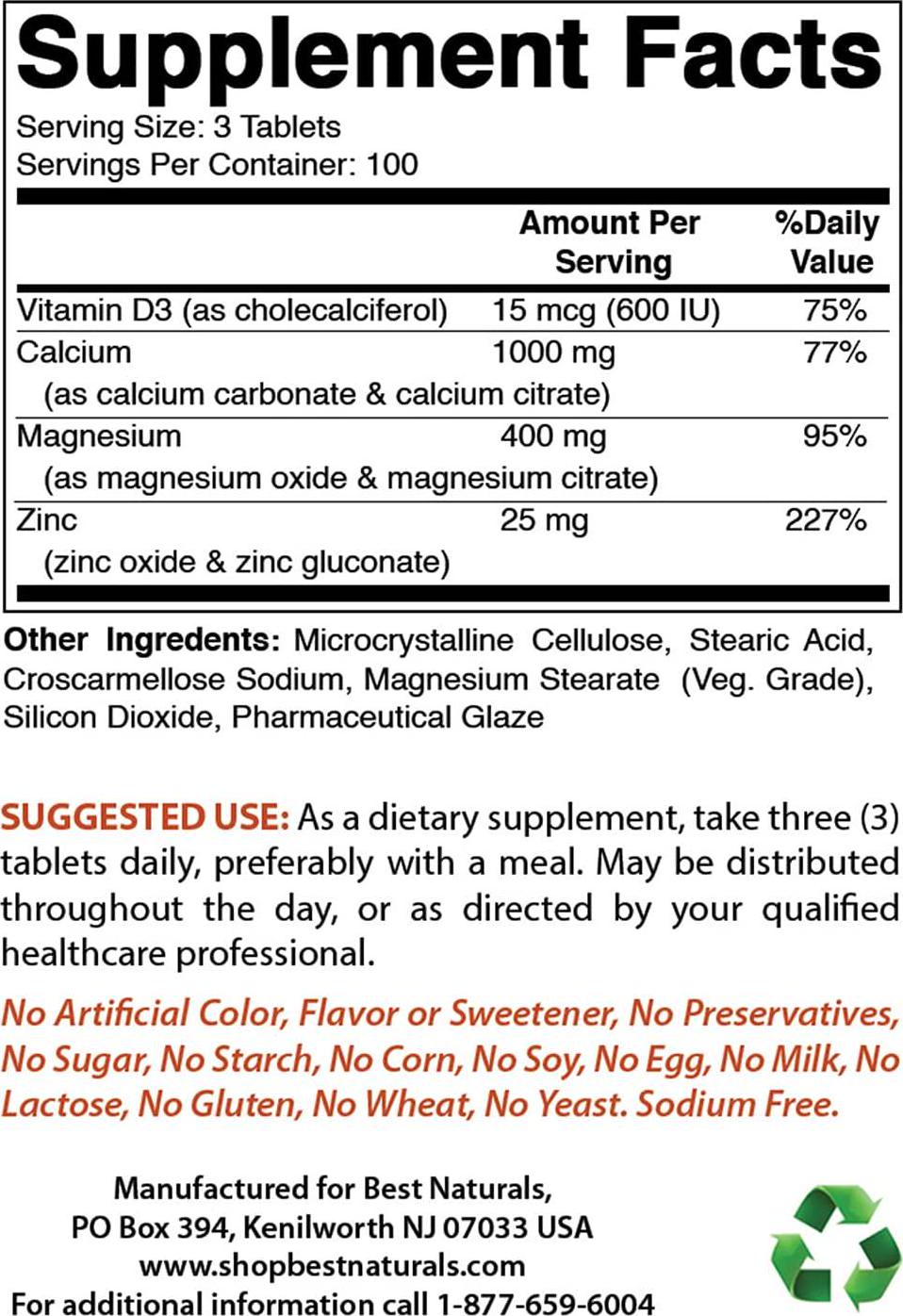 Best Naturals Calcium Magnesium Zinc with D3 300 Tablets