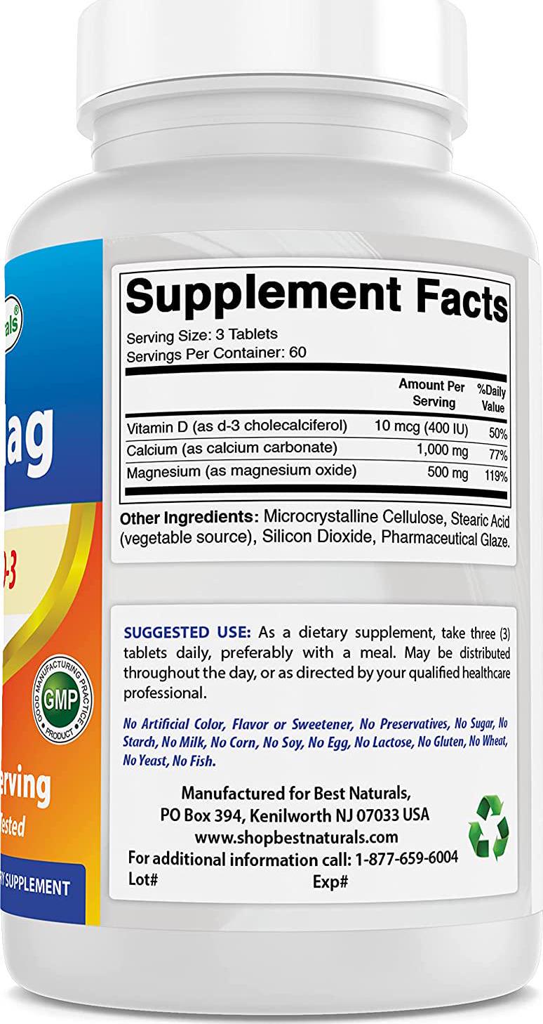 Best Naturals Calcium Magnesium with Vitamin D3 1500mg Serving 180 Tablets