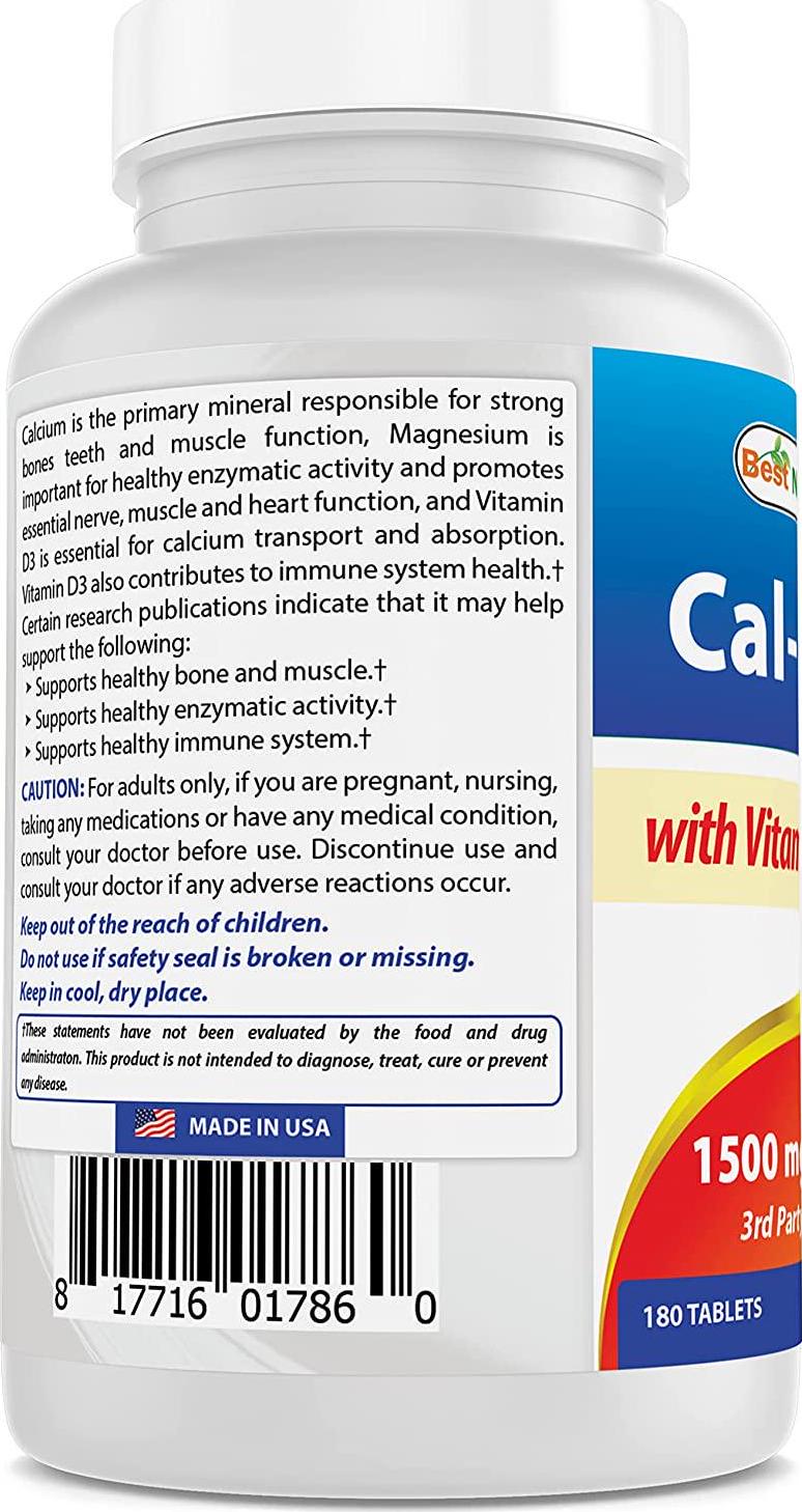 Best Naturals Calcium Magnesium with Vitamin D3 1500mg Serving 180 Tablets
