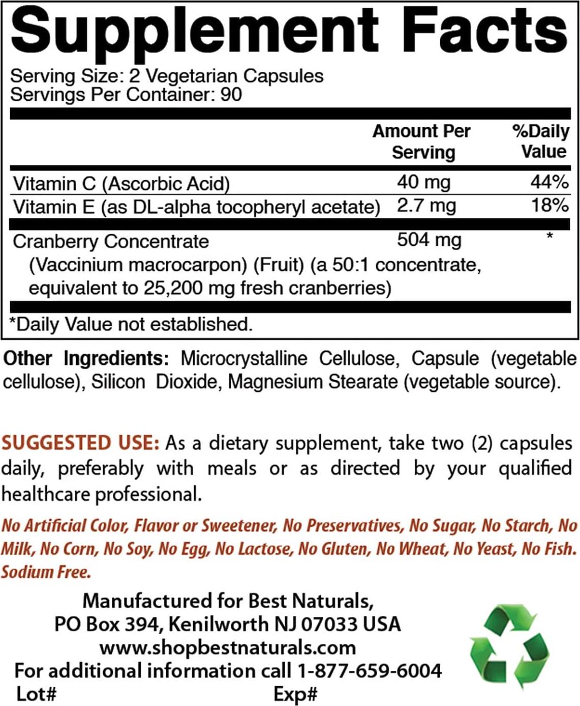 Best Naturals Cranberry Pills 3x Concentrate Veggie Capsule, 12600 mg, 180 Count