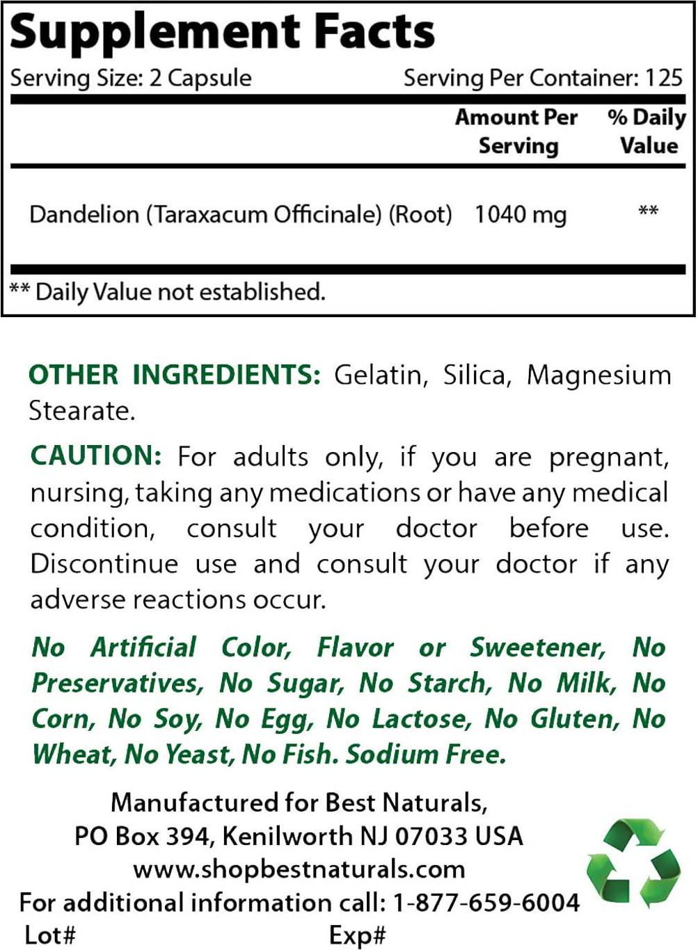 Best Naturals Dandelion Root 520 mg 250 Capsules