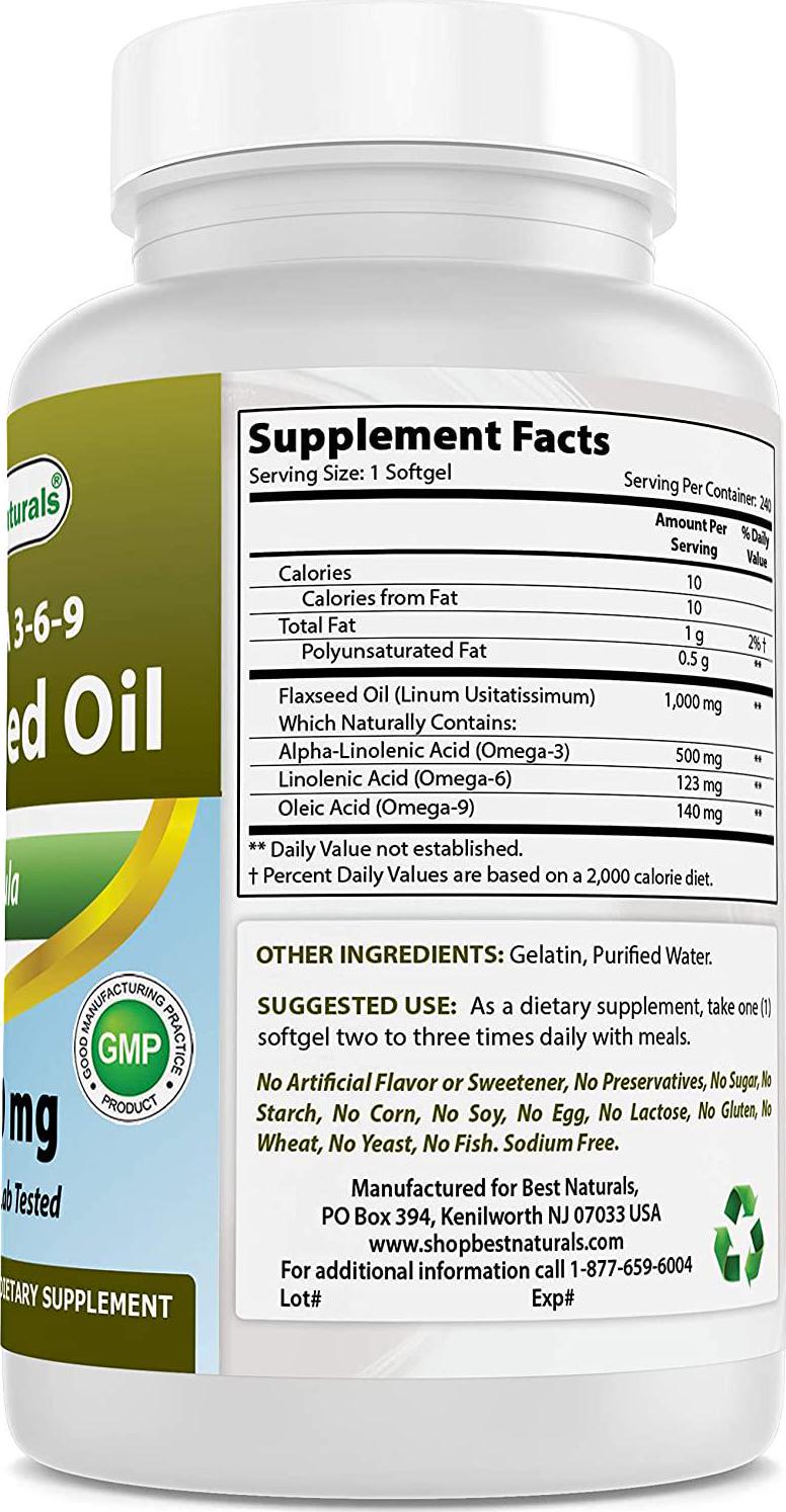 Best Naturals Flaxseed Oil 1000 mg 240 Softgels - Omega-3-6-9 for Heart Health