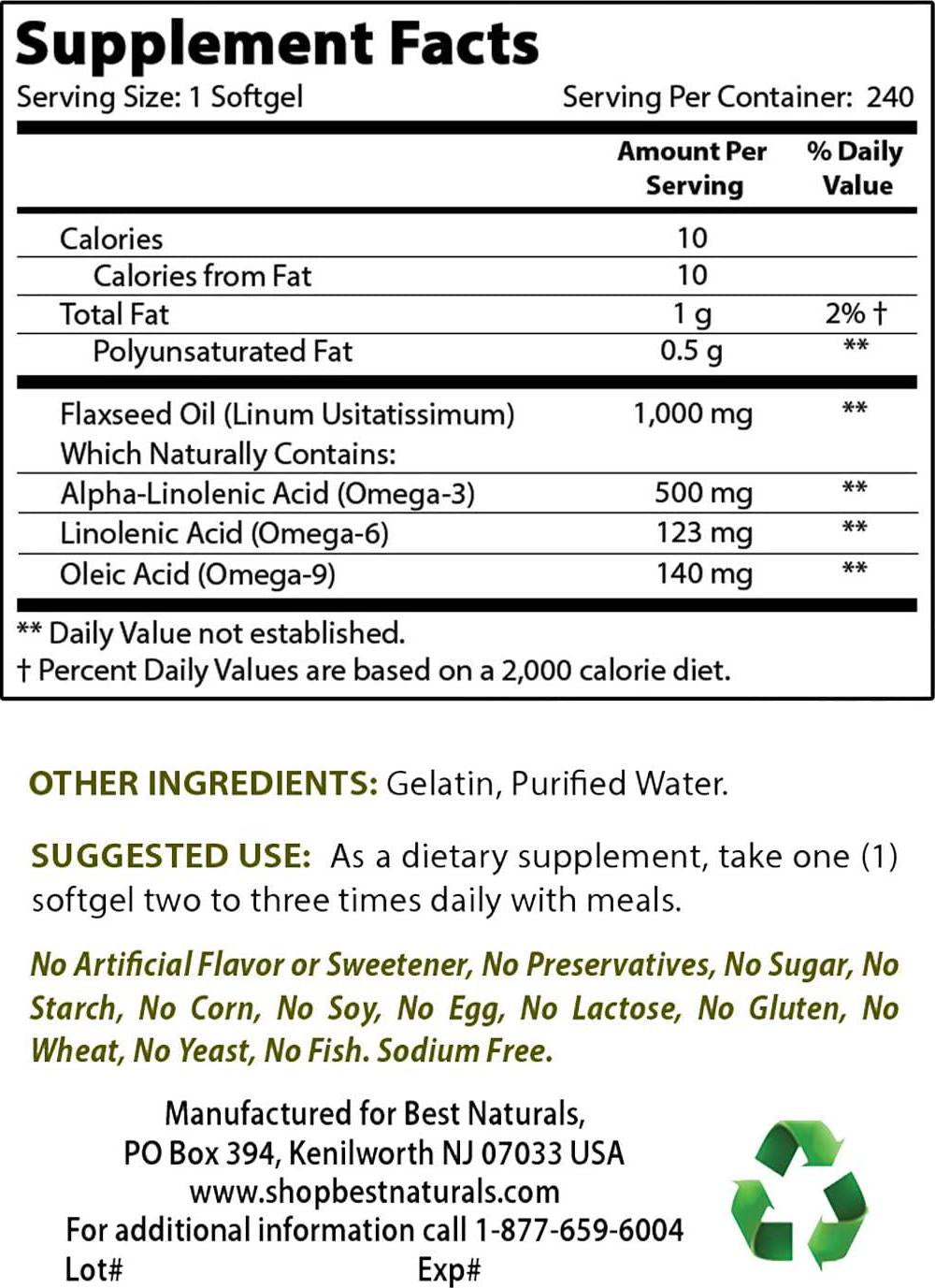 Best Naturals Flaxseed Oil 1000 mg 240 Softgels - Omega-3-6-9 for Heart Health