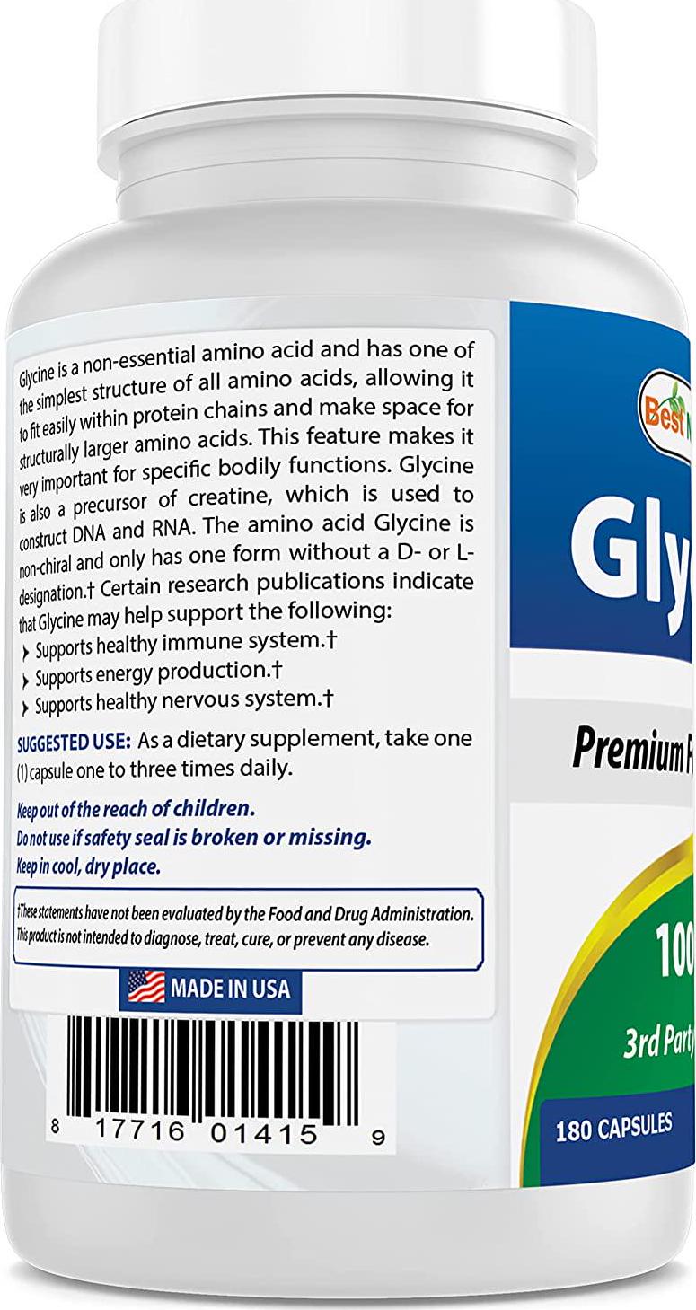 Best Naturals Glycine Supplement 1000 Mg for Energy Production, 180Count