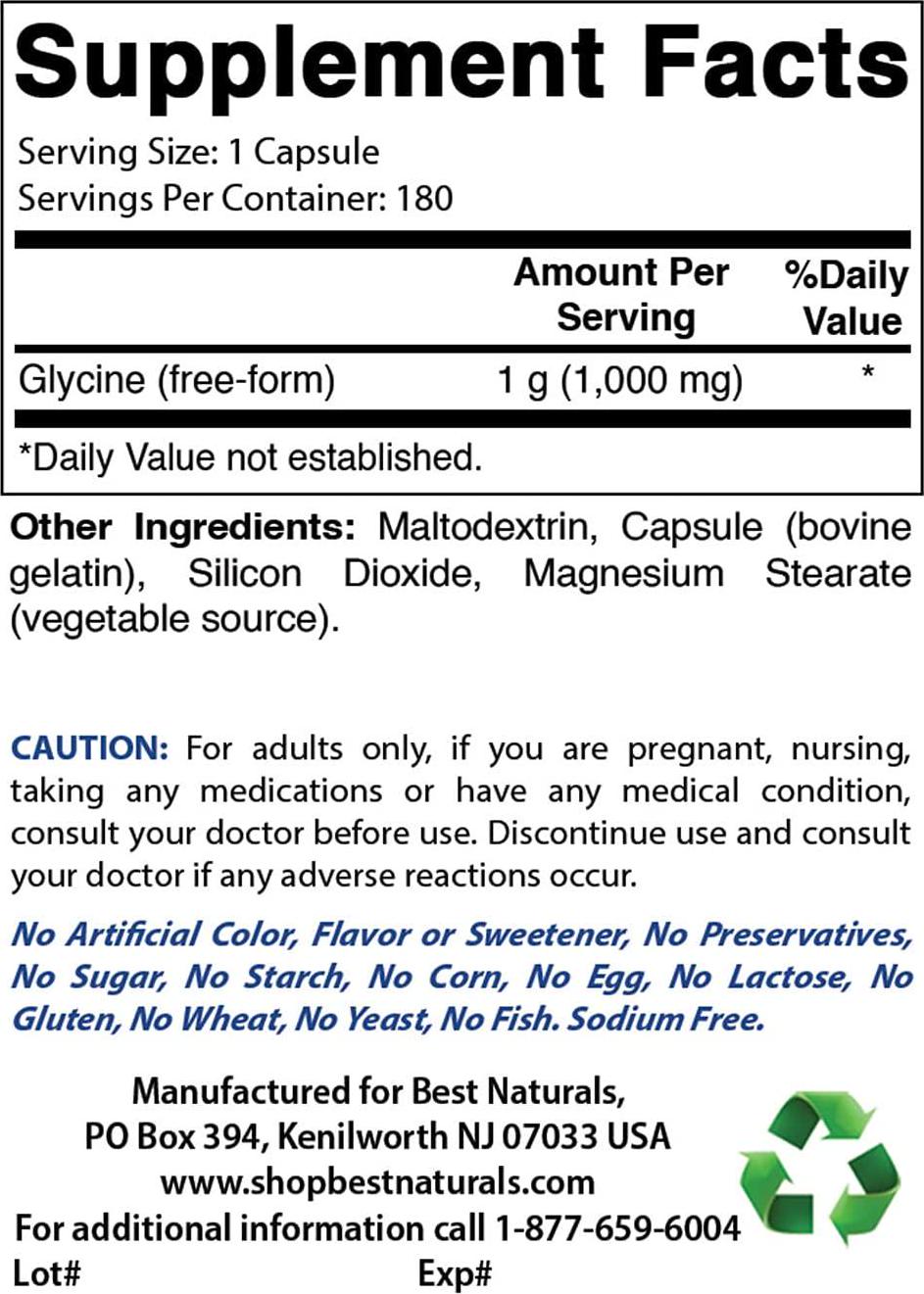 Best Naturals Glycine Supplement 1000 Mg for Energy Production, 180Count