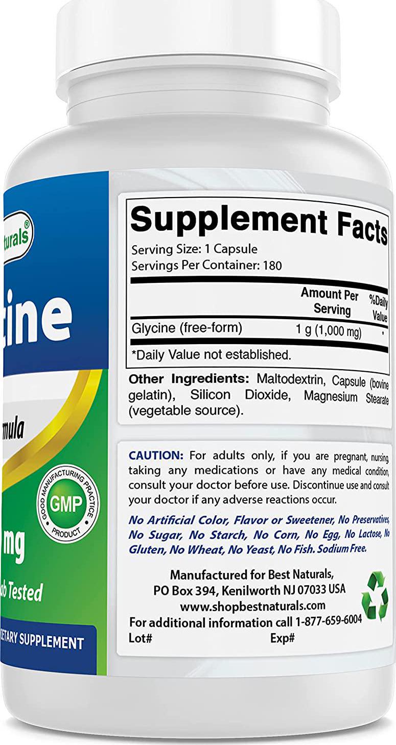 Best Naturals Glycine Supplement 1000 Mg for Energy Production, 180Count