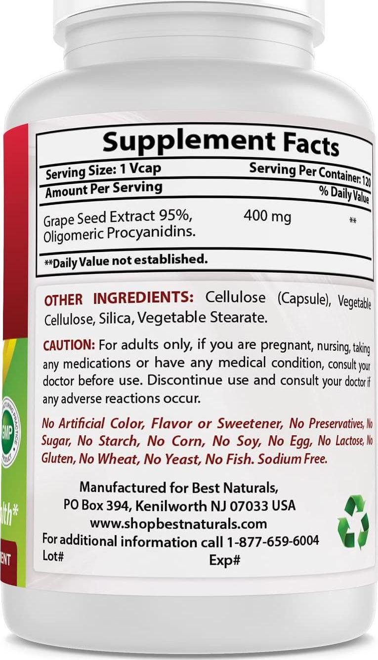 Best Naturals Grape Seed Extract 400 mg Veggie Capsule, 120 Count
