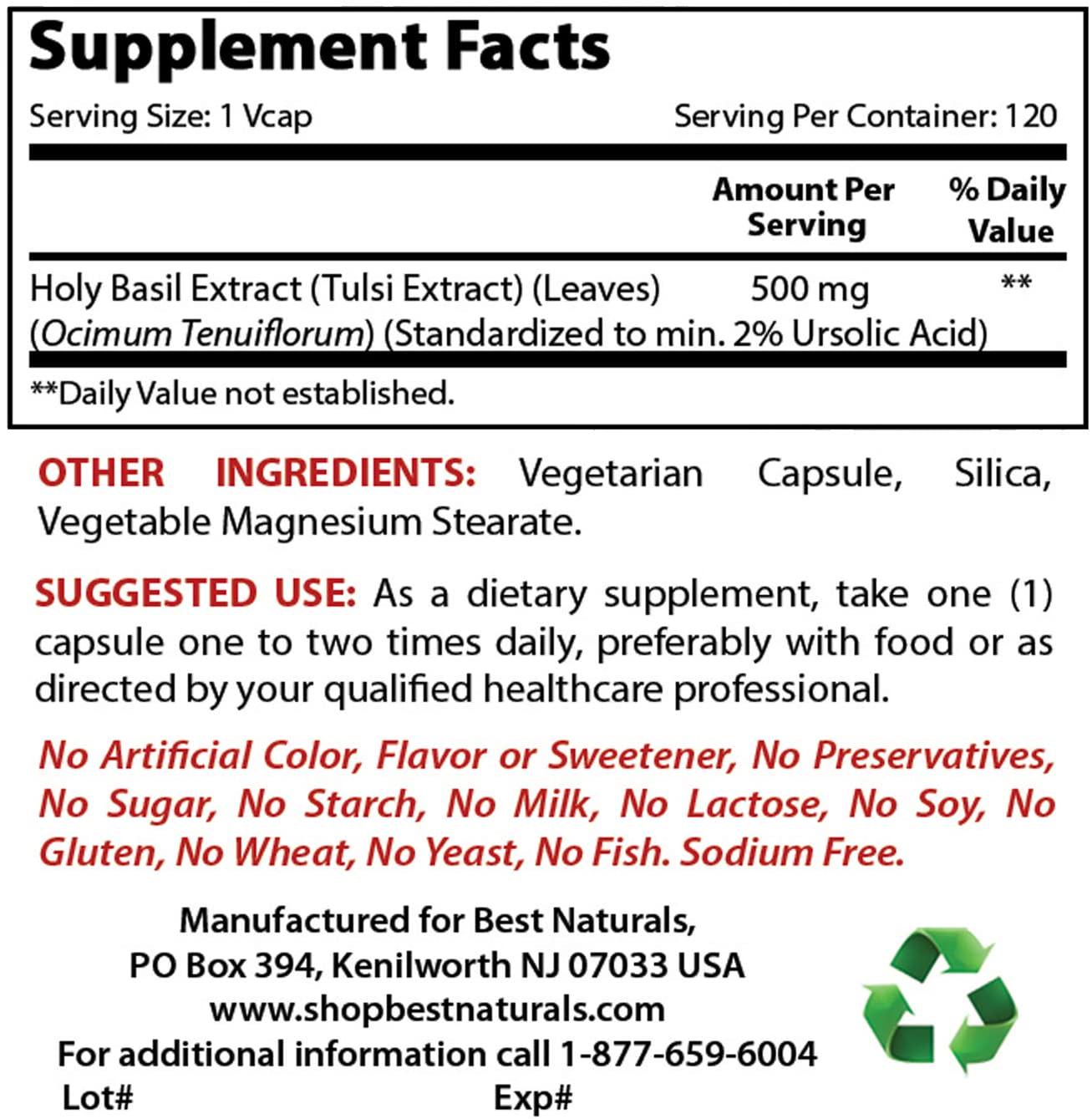 Best Naturals Holy Basil Stress Management 500 mg 120 Veggie Capsules