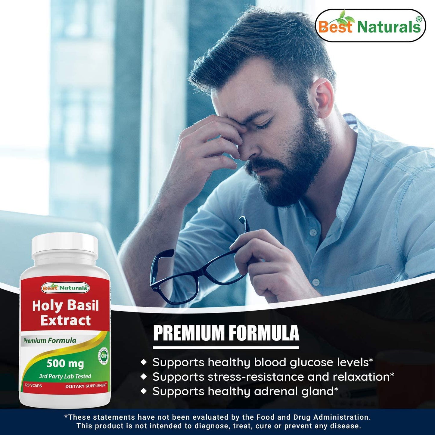 Best Naturals Holy Basil Stress Management 500 mg 120 Veggie Capsules