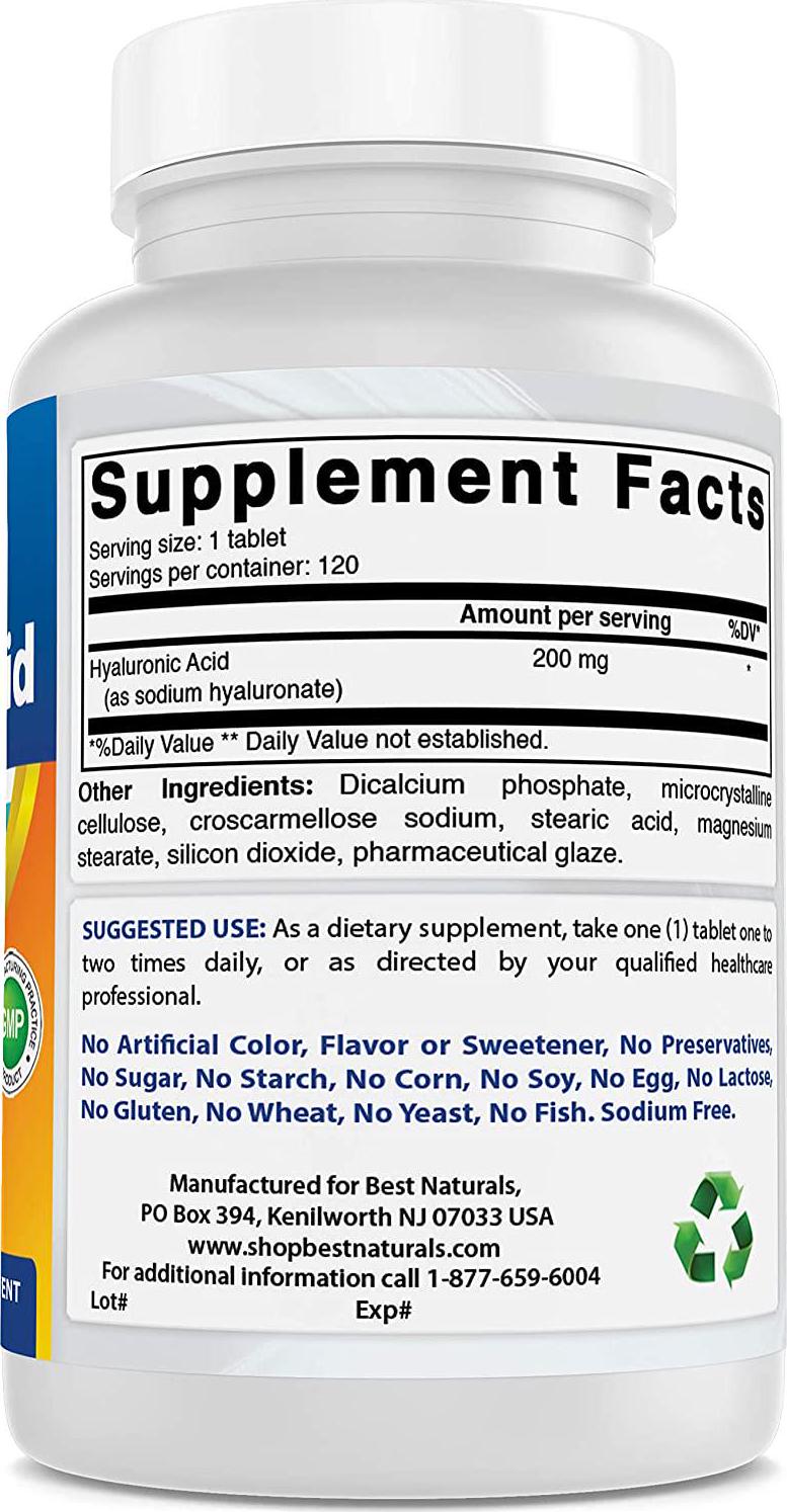 Best Naturals Hyaluronic Acid 200 mg 120 Tablets (Non-GMO, Gluten Free) - Promotes Youthful Healthy Skin and Healthy Joint Function (120 Count (Pack of 1))