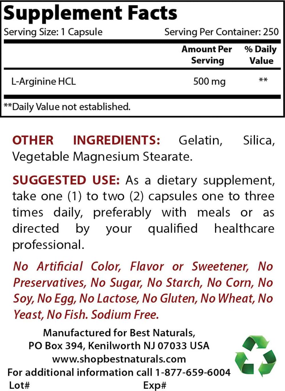 Best Naturals L-Arginine 500mg 250 Capsules - Pharmaceutical Grade L Arginine supplement promotes nitric oxide synthesis