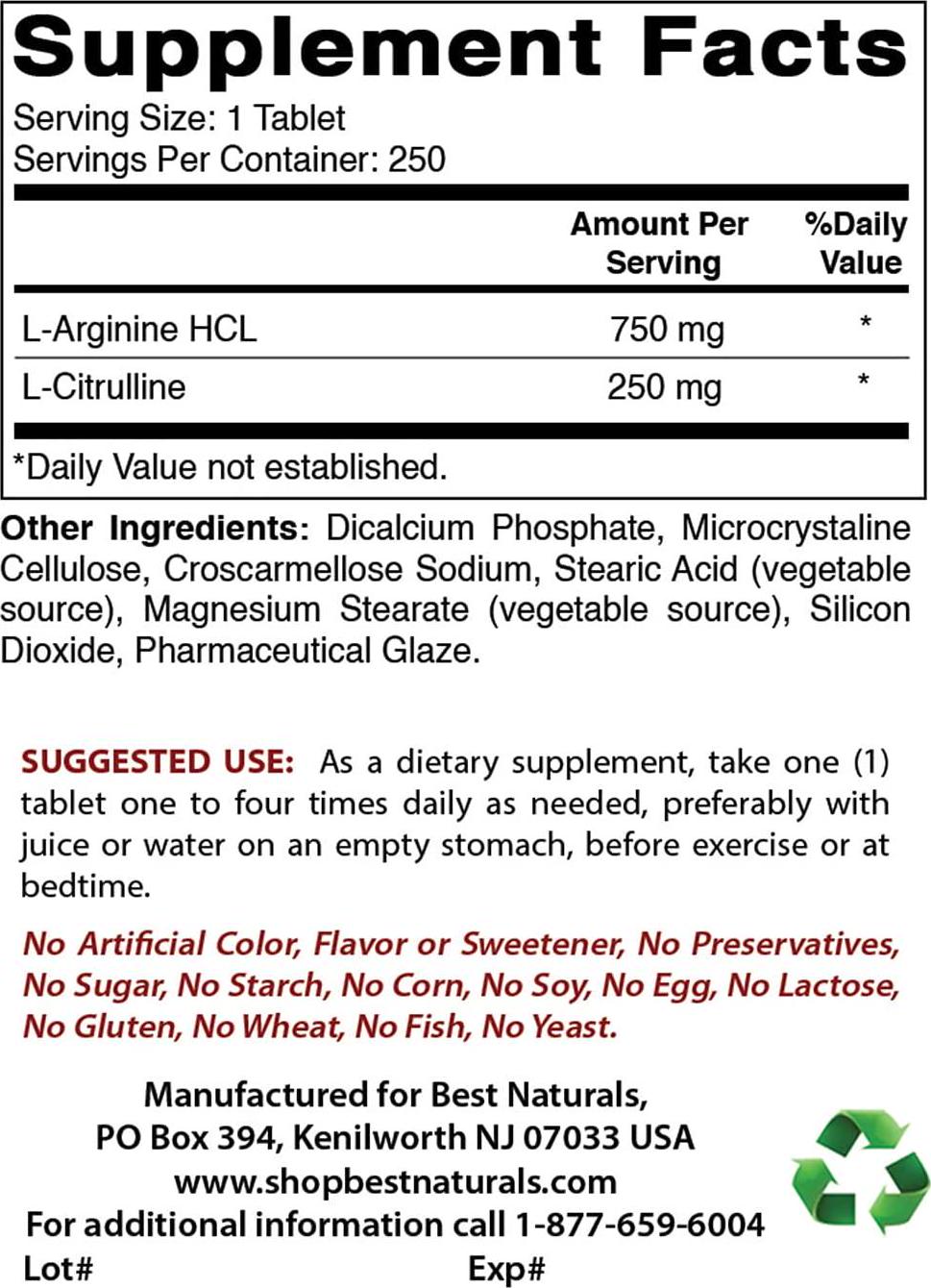 Best Naturals L-Arginine L-Citruline Complex Tablets, 250 Count