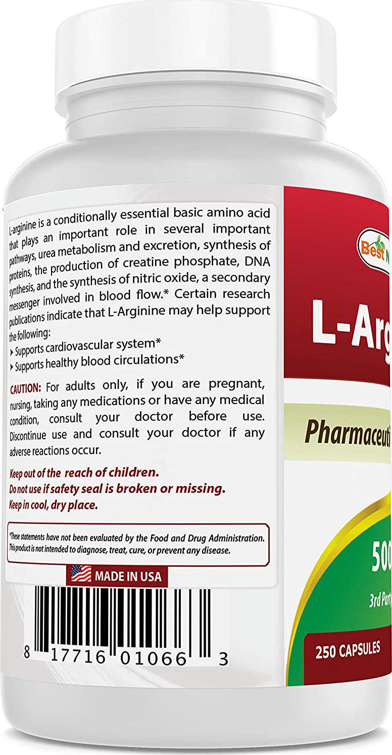 Best Naturals L-Arginine 500mg 250 Capsules - Pharmaceutical Grade L Arginine supplement promotes nitric oxide synthesis