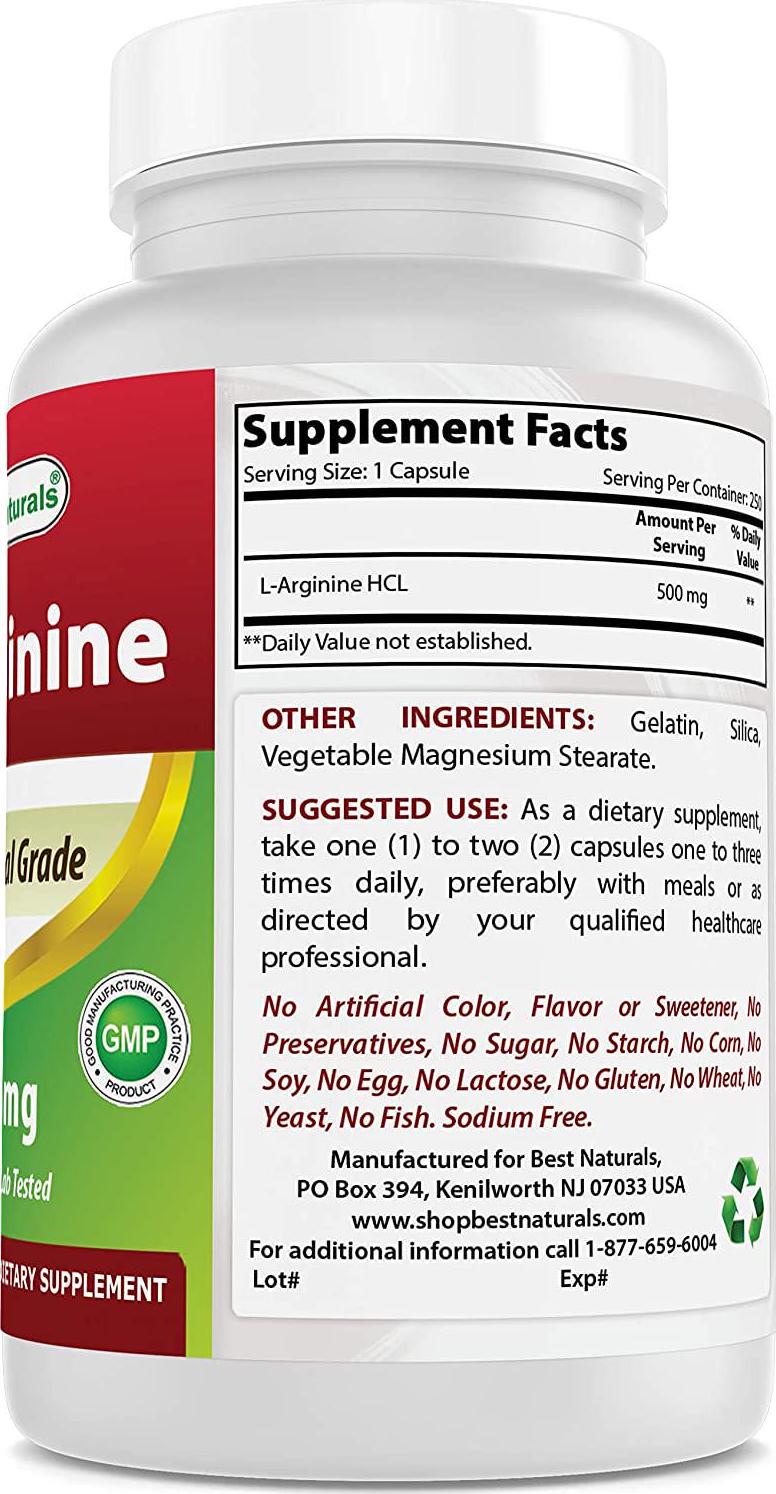 Best Naturals L-Arginine 500mg 250 Capsules - Pharmaceutical Grade L Arginine supplement promotes nitric oxide synthesis
