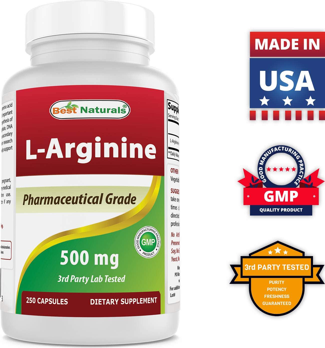 Best Naturals L-Arginine 500mg 250 Capsules - Pharmaceutical Grade L Arginine supplement promotes nitric oxide synthesis