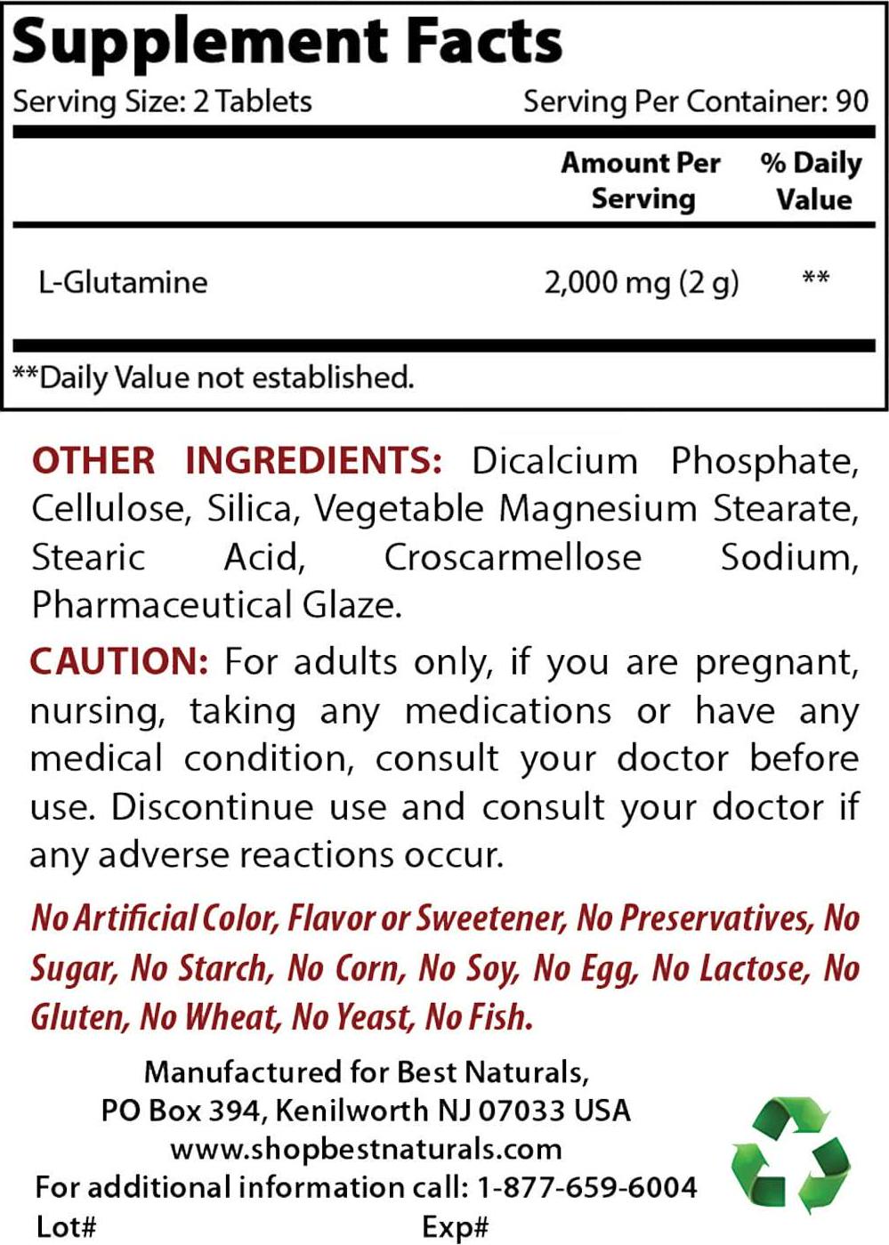 Best Naturals L-Glutamine 1000mg Fuel for Workout (Non-GMO) Tablets, 180 Count