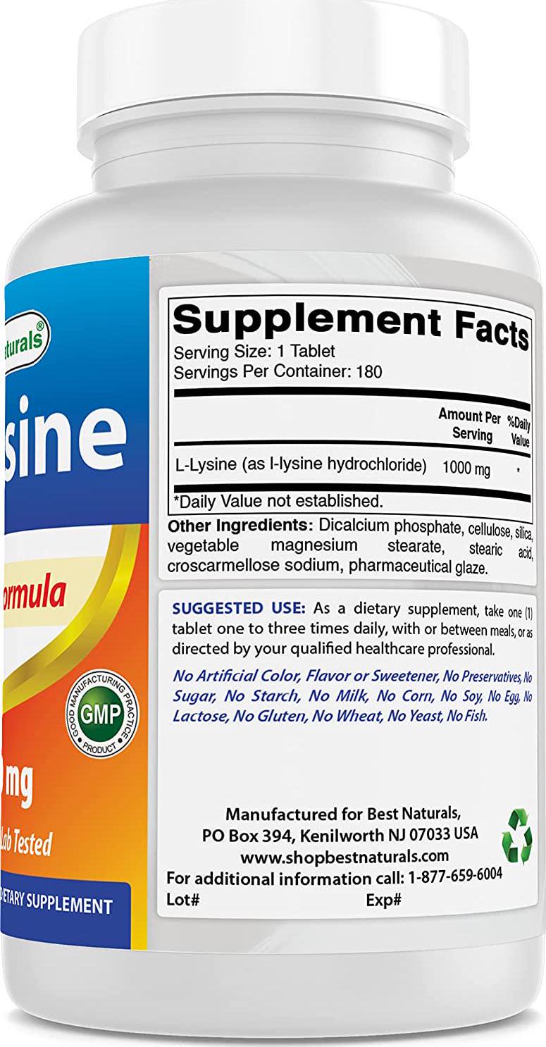 Best Naturals L-Lysine 1000mg 180 Tablets (180 Count (Pack of 2))