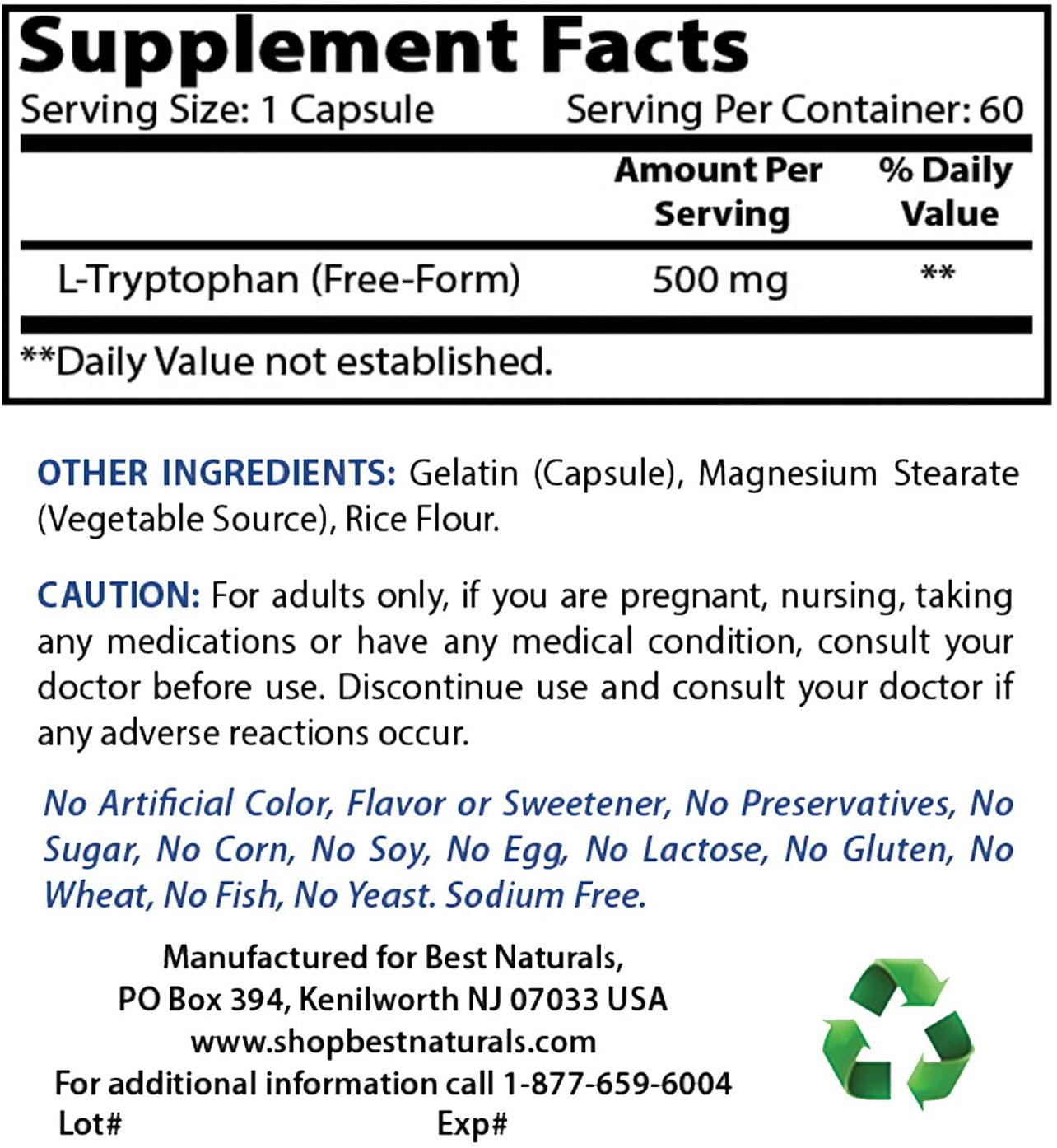 Best Naturals L-Tryptophan 500 mg 60 Capsules