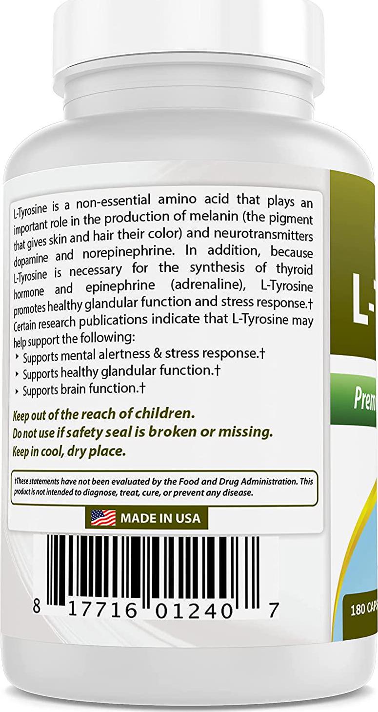 Best Naturals L-Tyrosine 500 Mg 180 Capsules - Supports Mental Alertness, Energy, Focus, Healthy Glandular Function and Balance