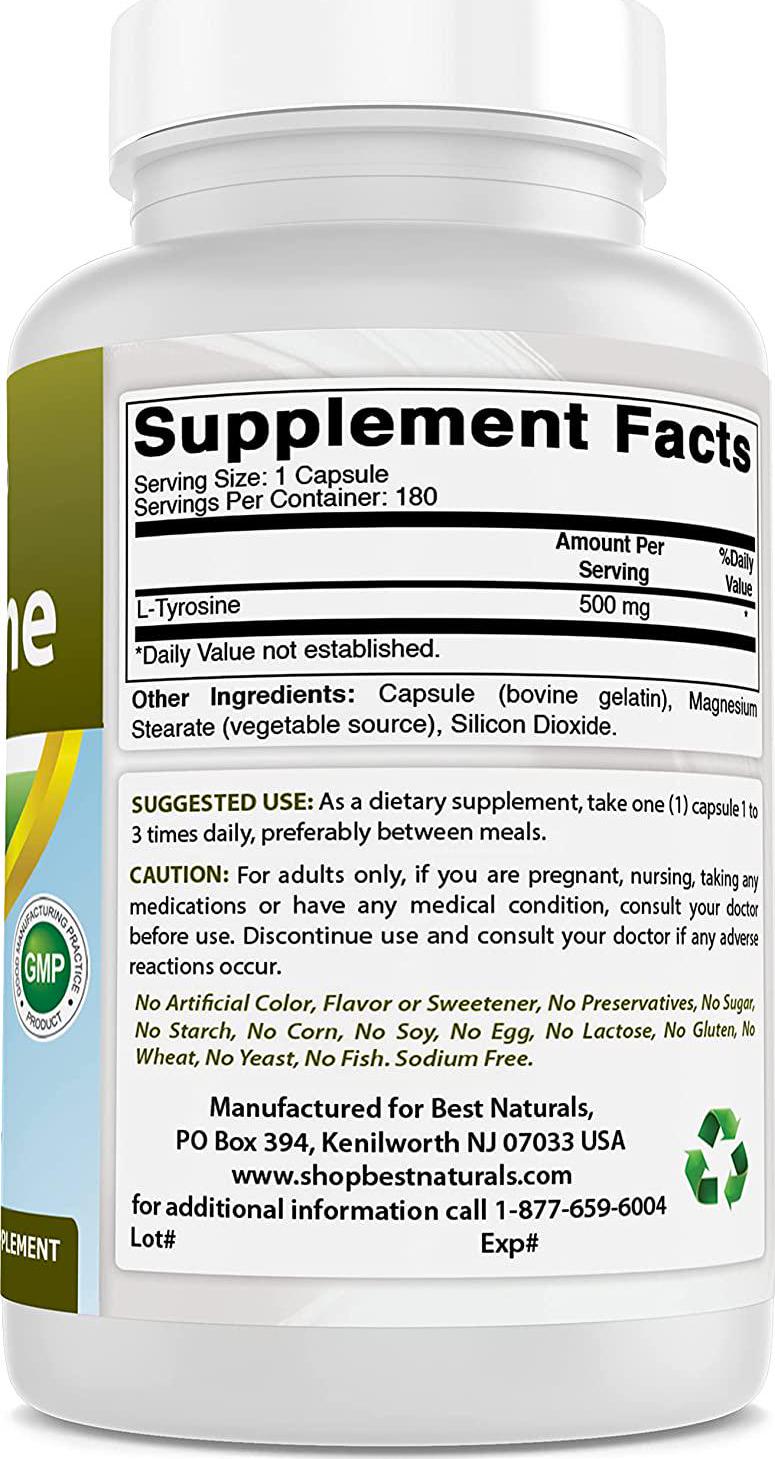 Best Naturals L-Tyrosine 500 Mg 180 Capsules - Supports Mental Alertness, Energy, Focus, Healthy Glandular Function and Balance