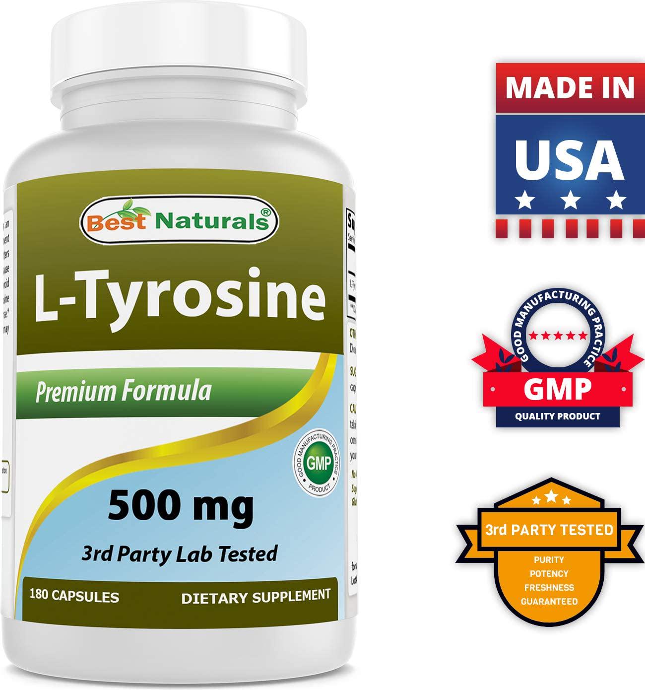 Best Naturals L-Tyrosine 500 Mg 180 Capsules - Supports Mental Alertness, Energy, Focus, Healthy Glandular Function and Balance