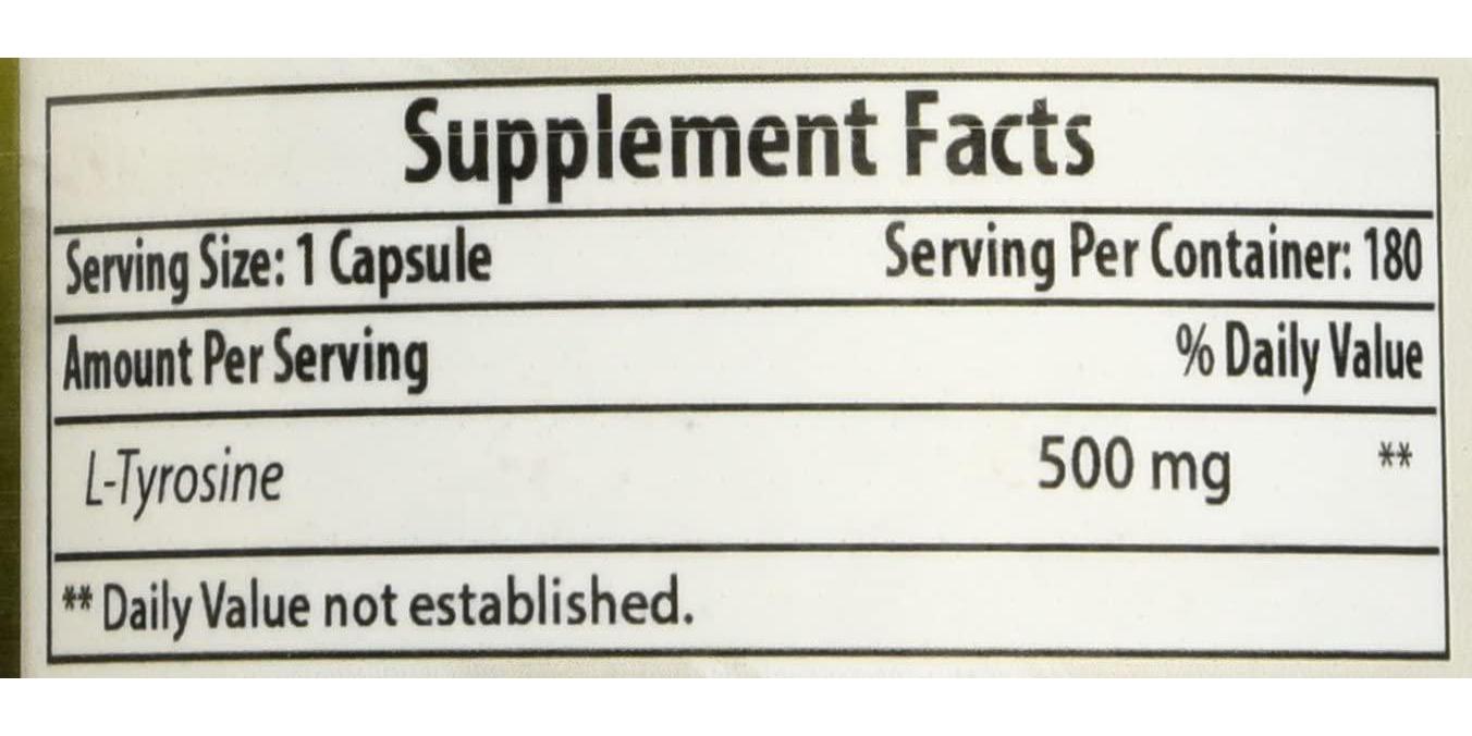 Best Naturals L-Tyrosine 500 Mg 180 Capsules - Supports Mental Alertness, Energy, Focus, Healthy Glandular Function and Balance