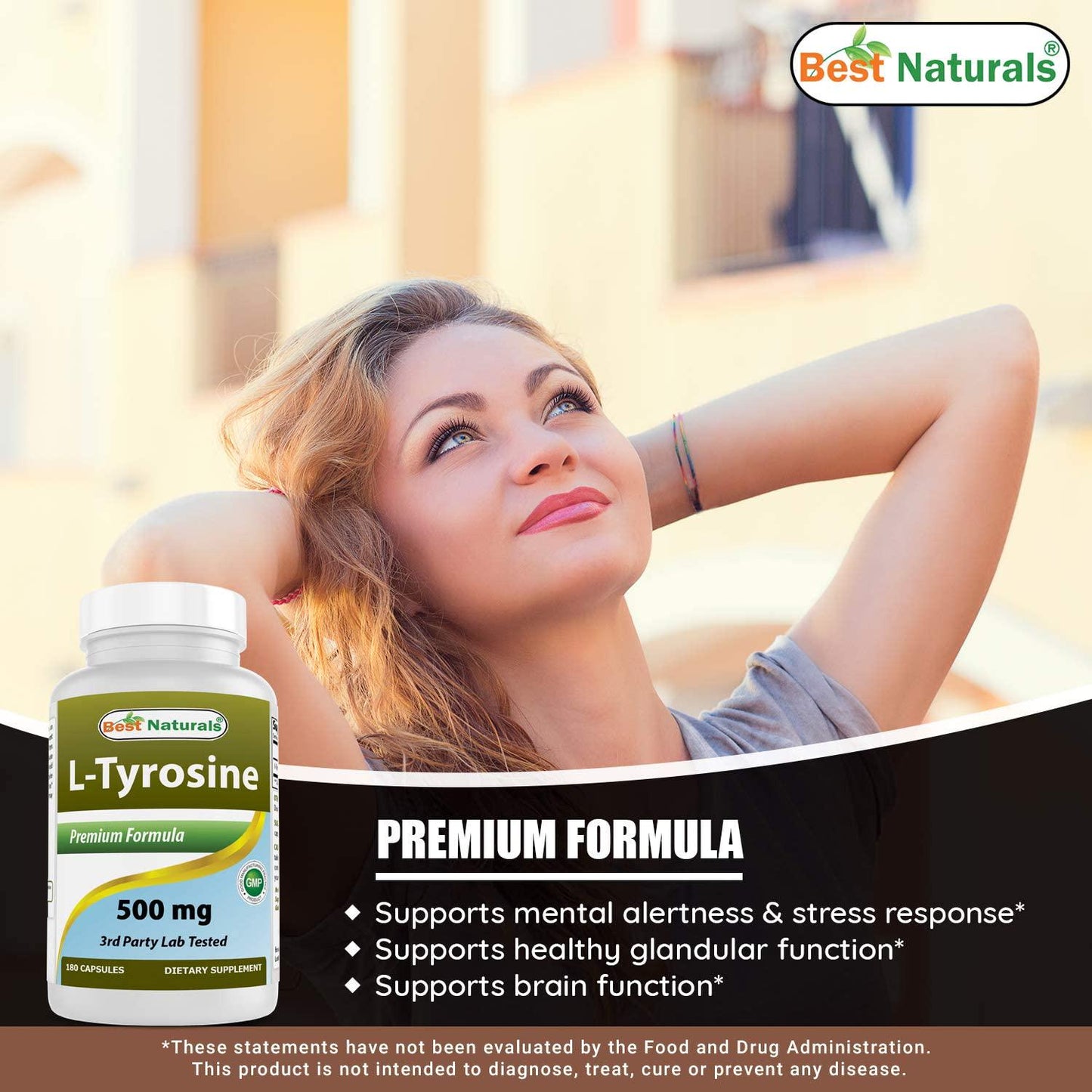 Best Naturals L-Tyrosine 500 Mg 180 Capsules - Supports Mental Alertness, Energy, Focus, Healthy Glandular Function and Balance