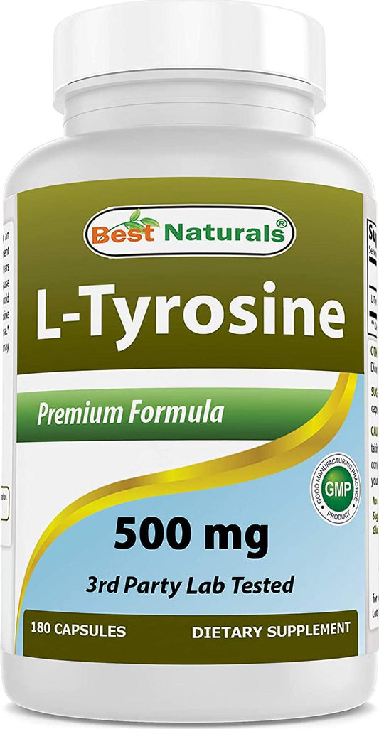Best Naturals L-Tyrosine 500 Mg 180 Capsules - Supports Mental Alertness, Energy, Focus, Healthy Glandular Function and Balance
