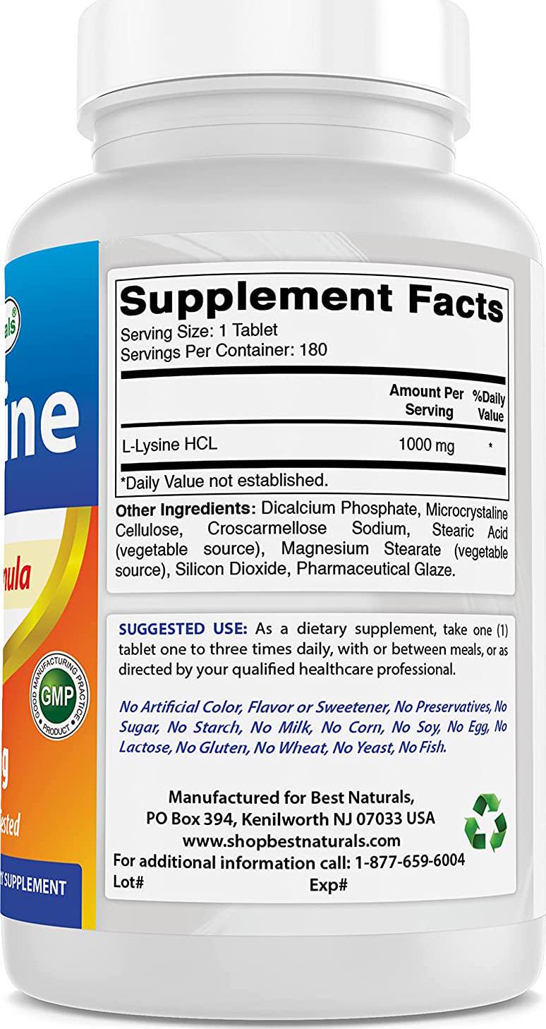 Best Naturals Lysine 1000mg,Double Strength,180 Tablets