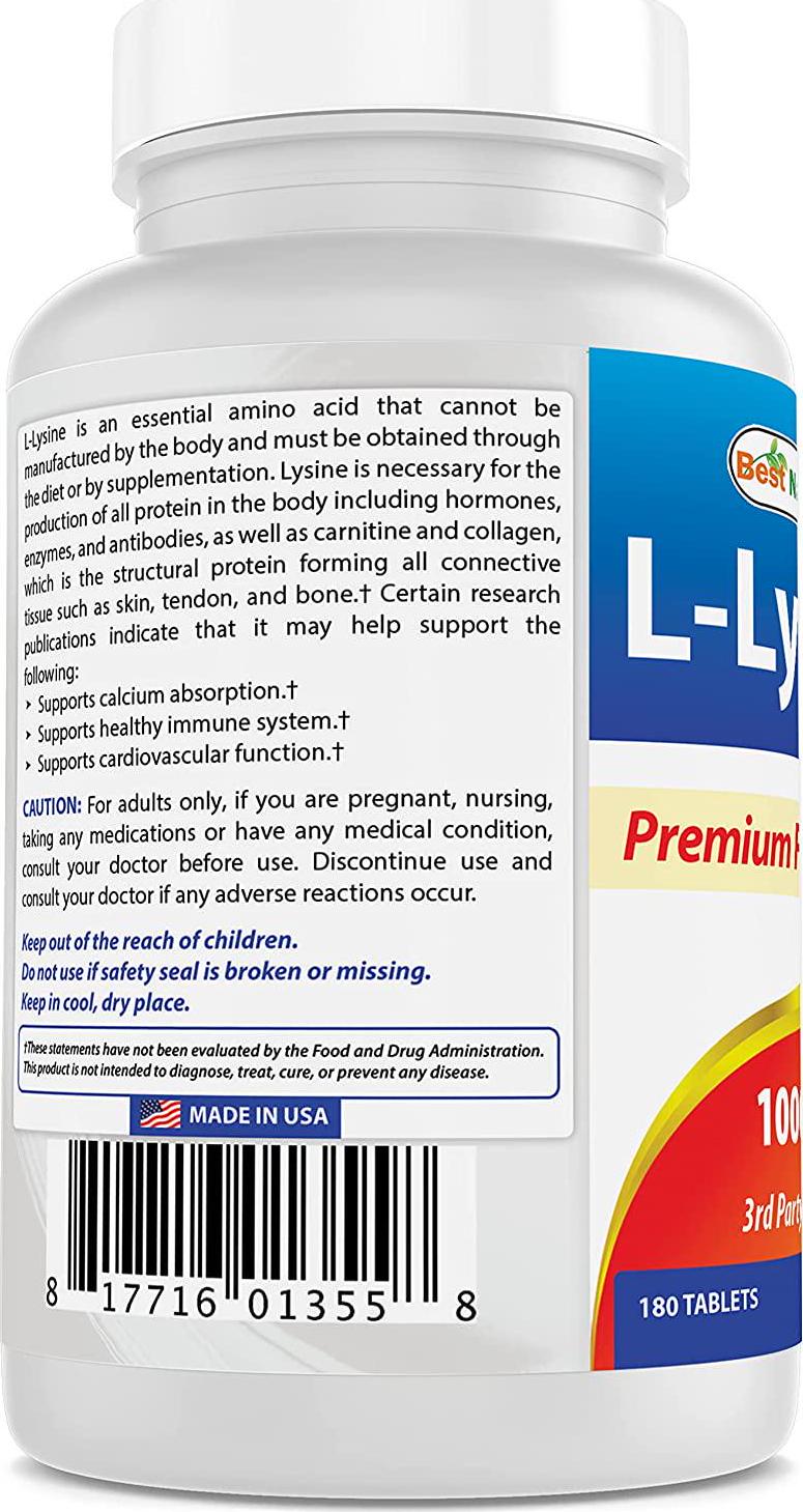 Best Naturals Lysine 1000mg,Double Strength,180 Tablets