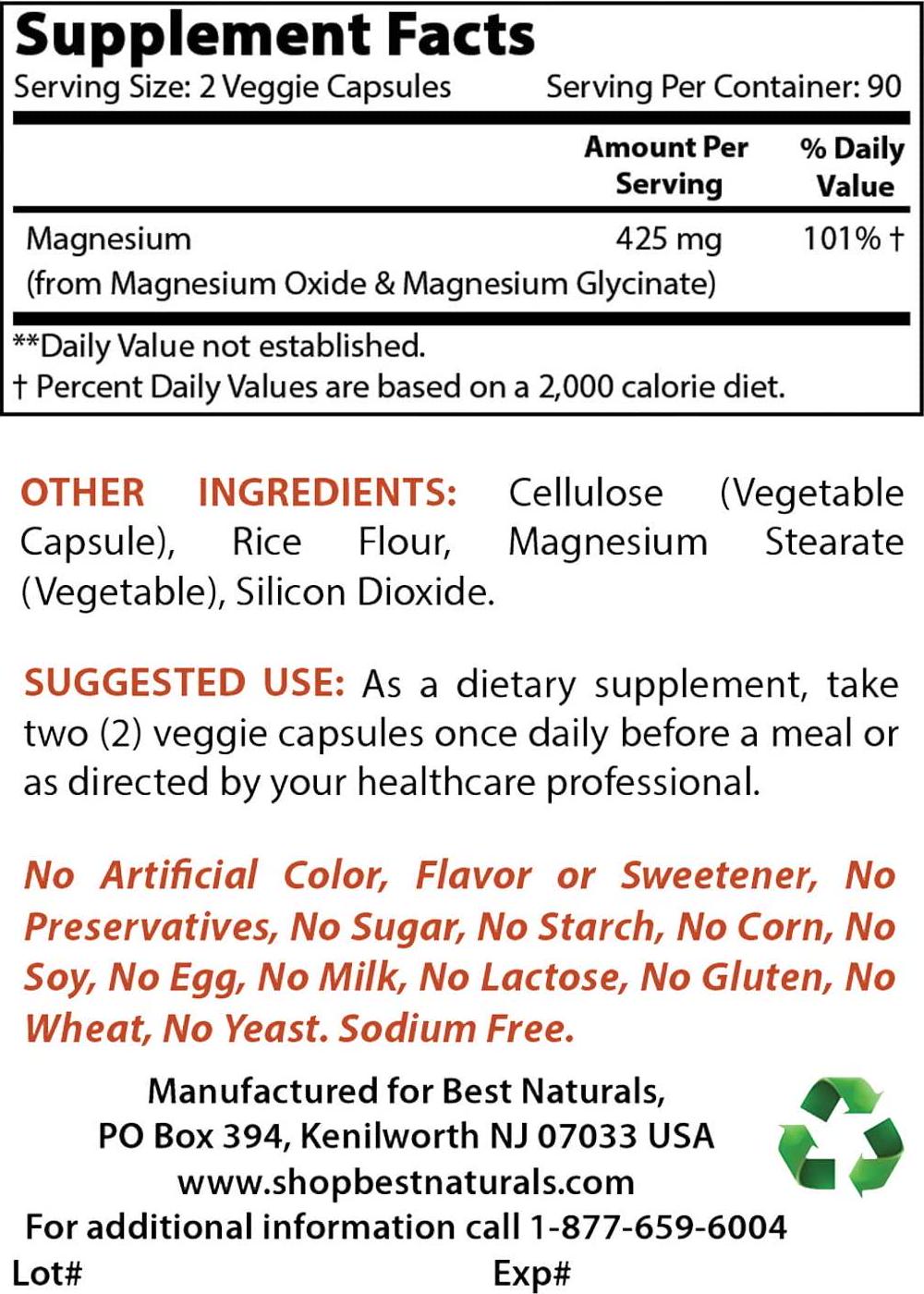 Best Naturals Magnesium 425 mg 180 Veggie Capsules - High Absorption Magnesium Glycinate and Magnesium Oxide Chelated, Non-GMO, Gluten Free Muscle Relax