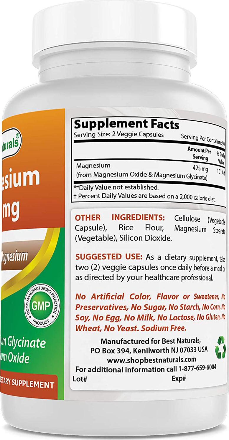 Best Naturals Magnesium 425 mg 180 Veggie Capsules - High Absorption Magnesium Glycinate and Magnesium Oxide Chelated, Non-GMO, Gluten Free Muscle Relax