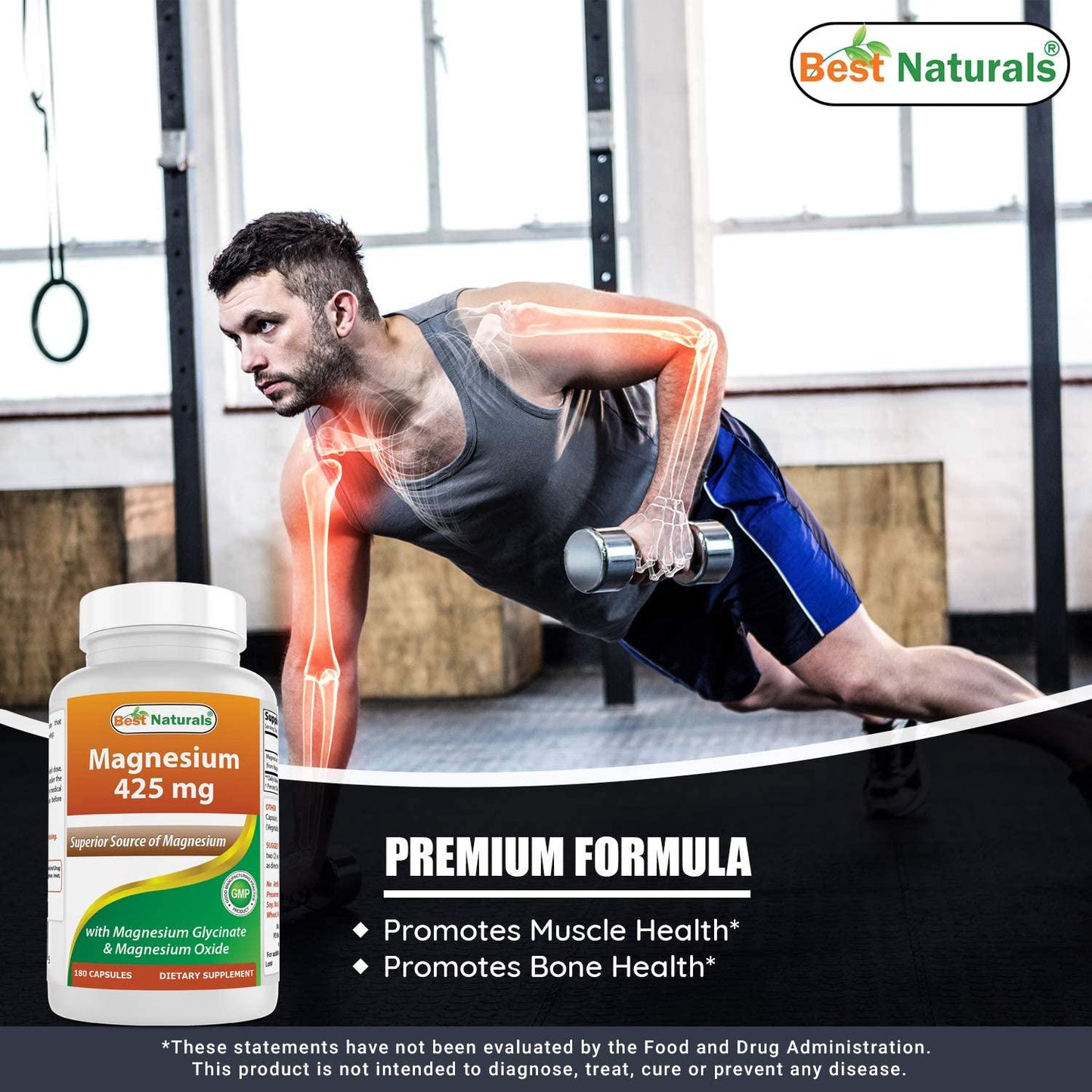 Best Naturals Magnesium 425 mg 180 Veggie Capsules - High Absorption Magnesium Glycinate and Magnesium Oxide Chelated, Non-GMO, Gluten Free Muscle Relax