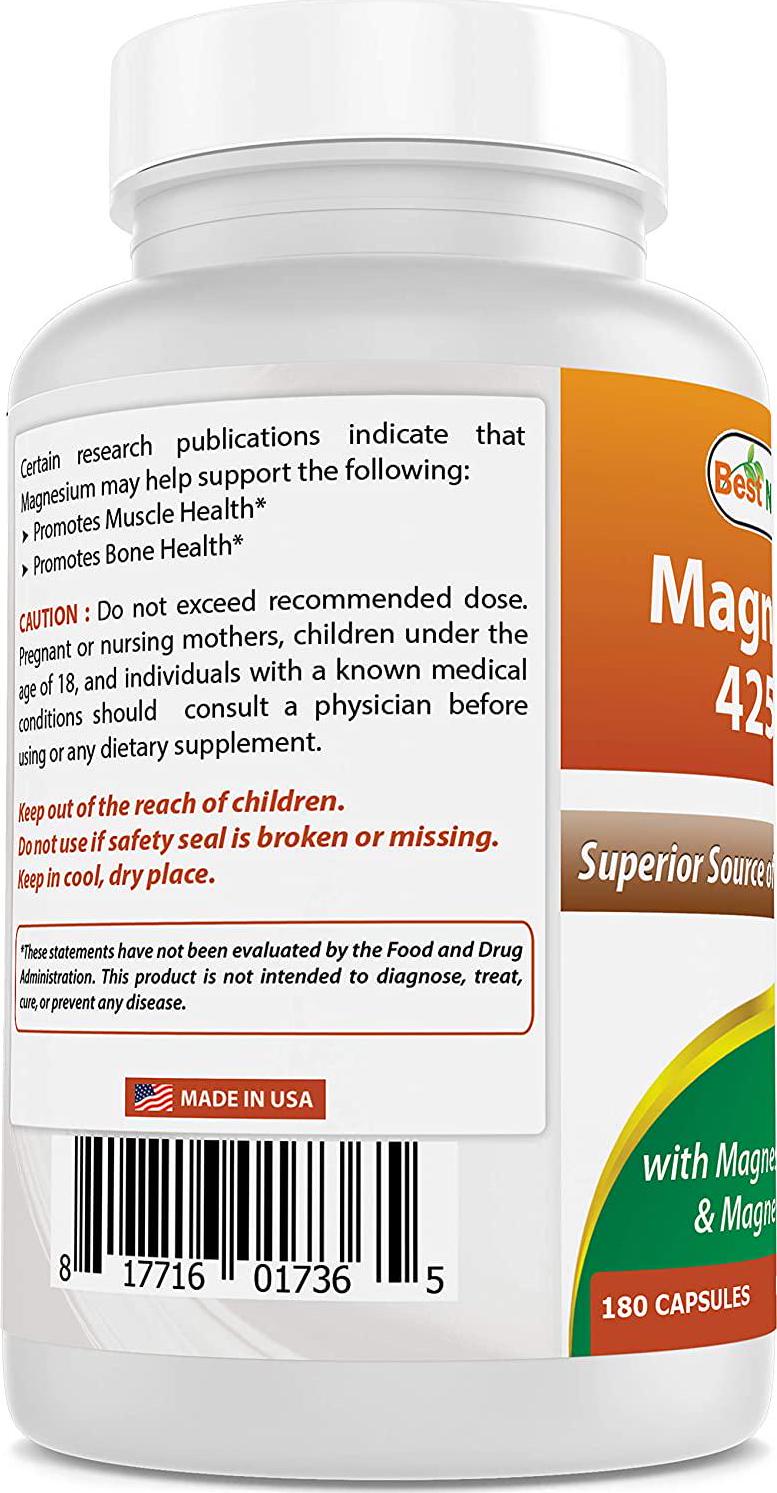 Best Naturals Magnesium 425 mg 180 Veggie Capsules - High Absorption Magnesium Glycinate and Magnesium Oxide Chelated, Non-GMO, Gluten Free Muscle Relax