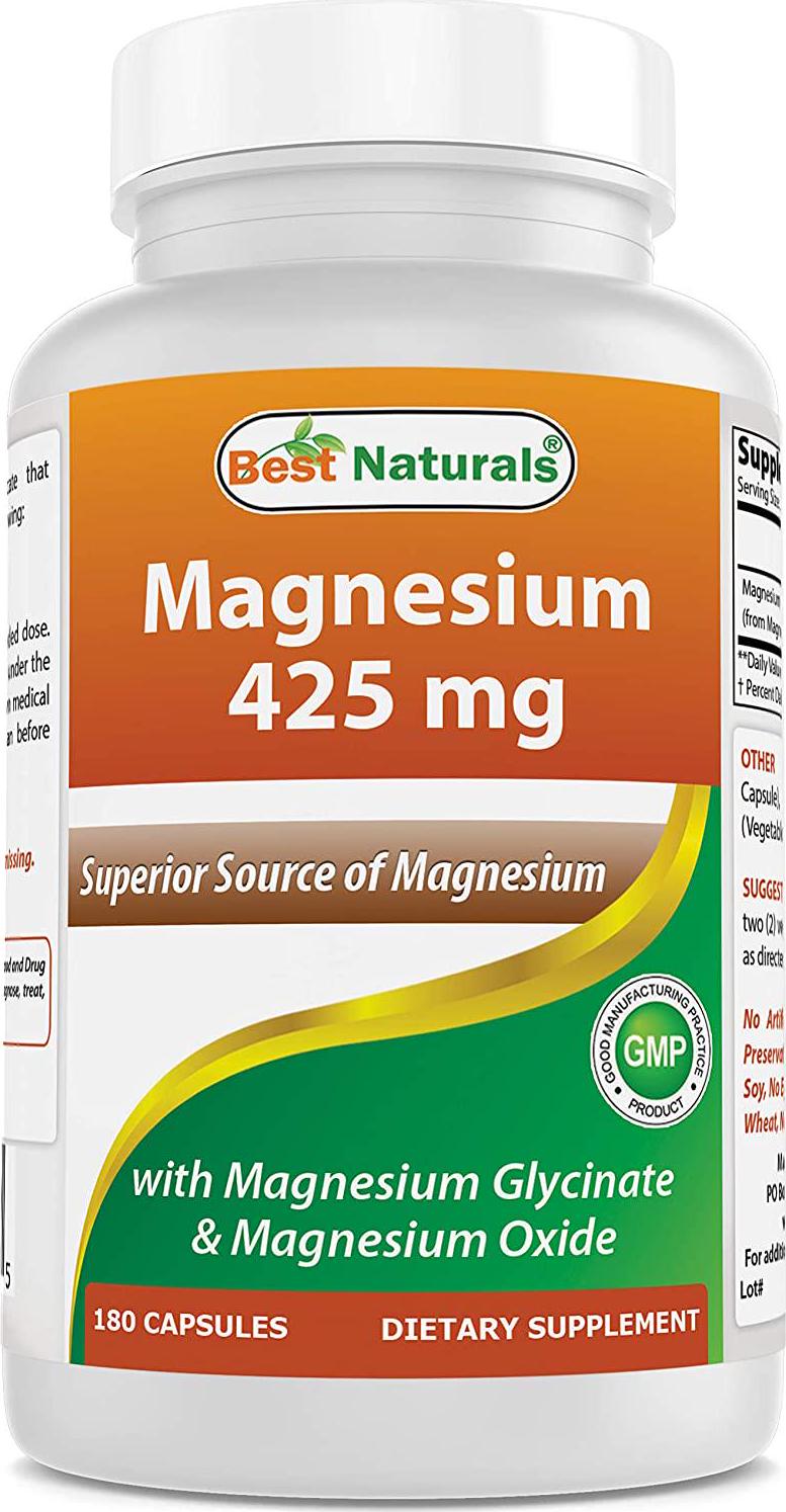 Best Naturals Magnesium 425 mg 180 Veggie Capsules - High Absorption Magnesium Glycinate and Magnesium Oxide Chelated, Non-GMO, Gluten Free Muscle Relax