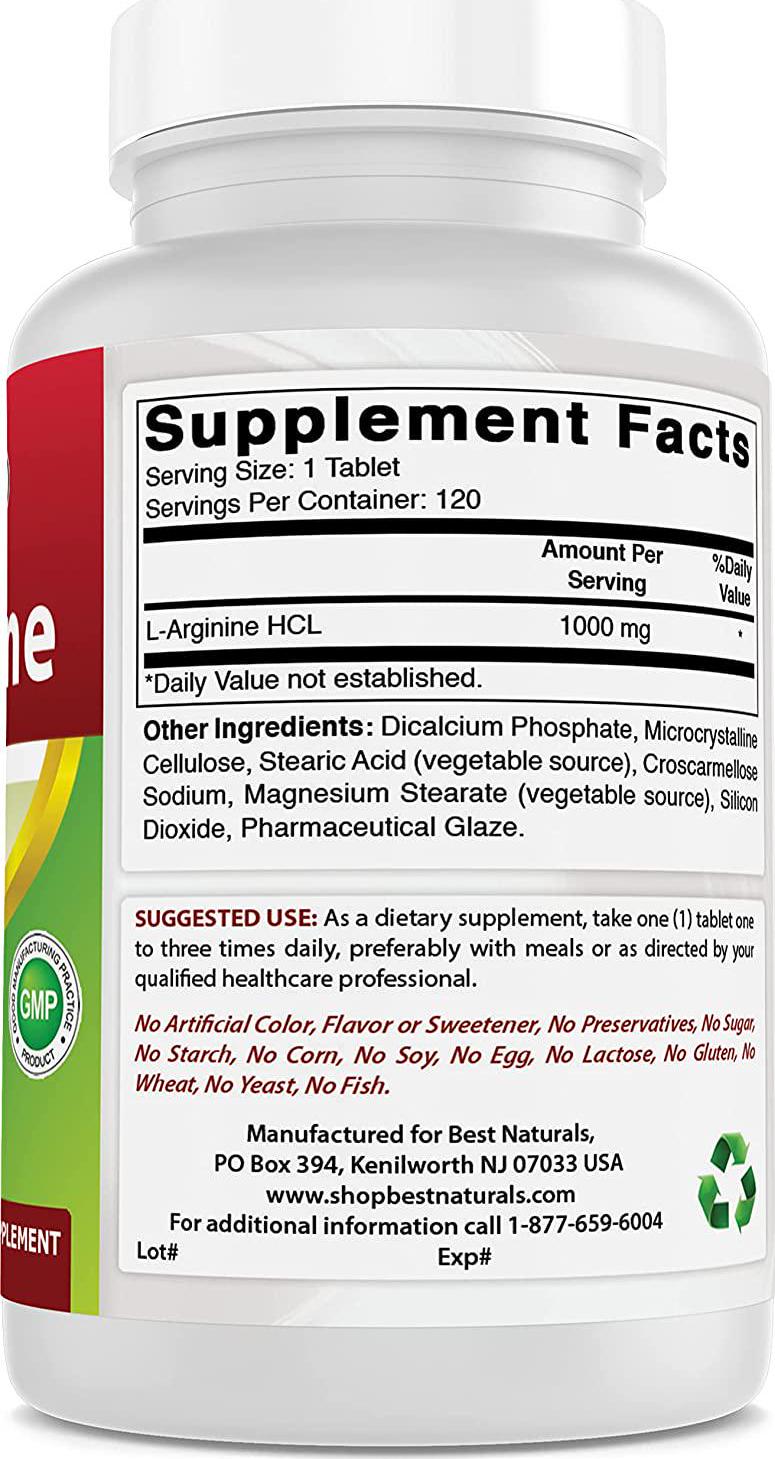 Best Naturals (New Improved Formula) L-Arginine 1000 Mg 120 Tablets - Pharmaceutical Grade L Arginine Supplement Promotes Nitric Oxide Synthesis