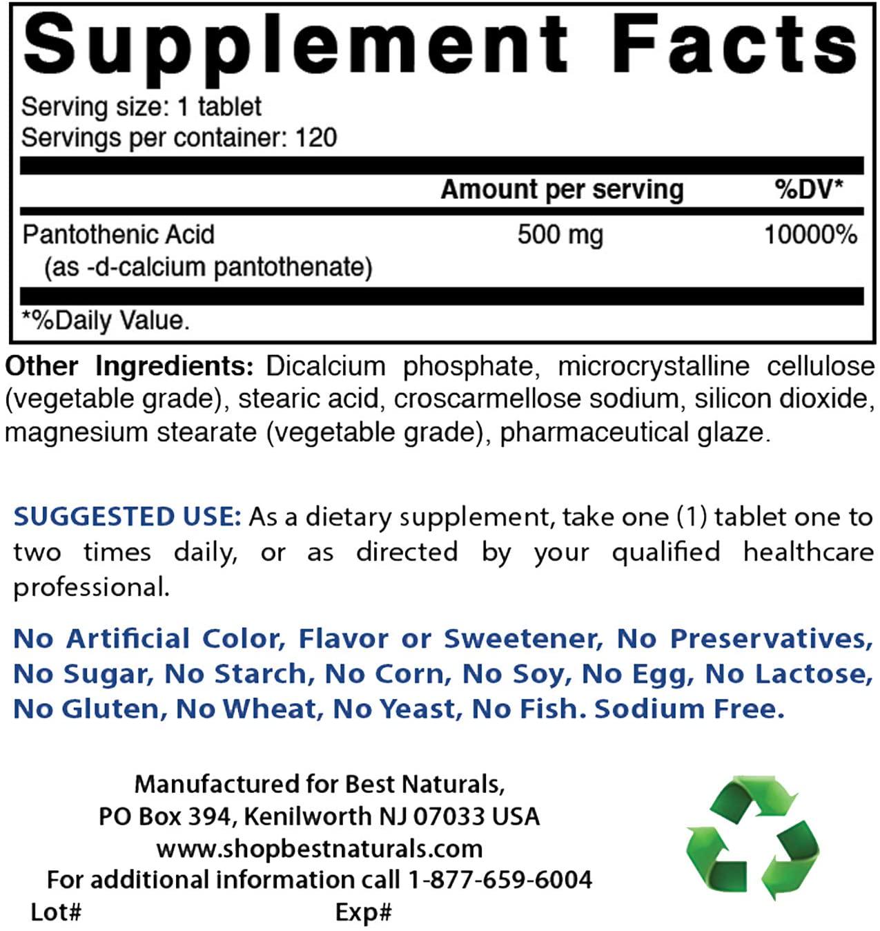 Best Naturals Pantothenic Acid 500 mg 120 Tablets