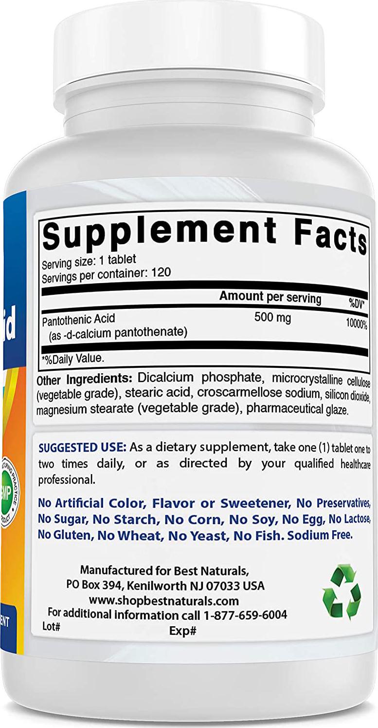 Best Naturals Pantothenic Acid 500 mg 120 Tablets