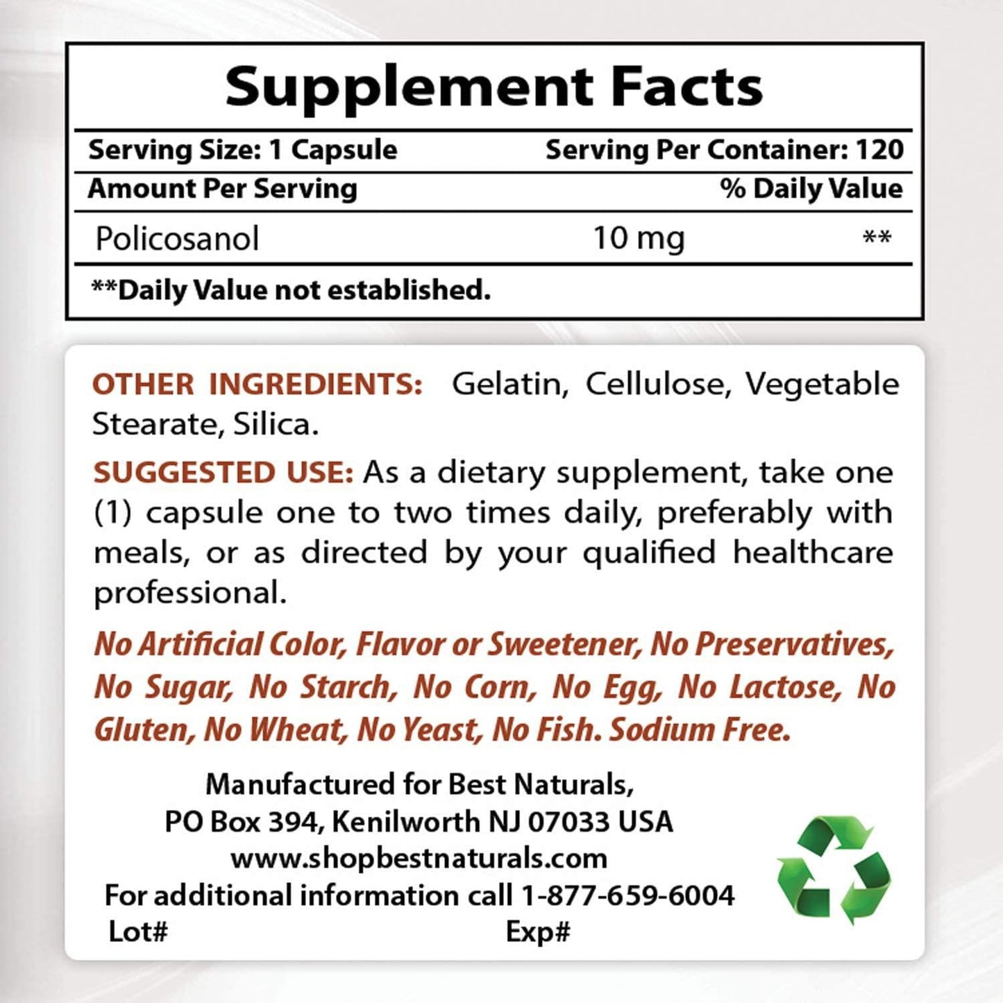 Best Naturals Policosanol 10 mg 120 Capsules