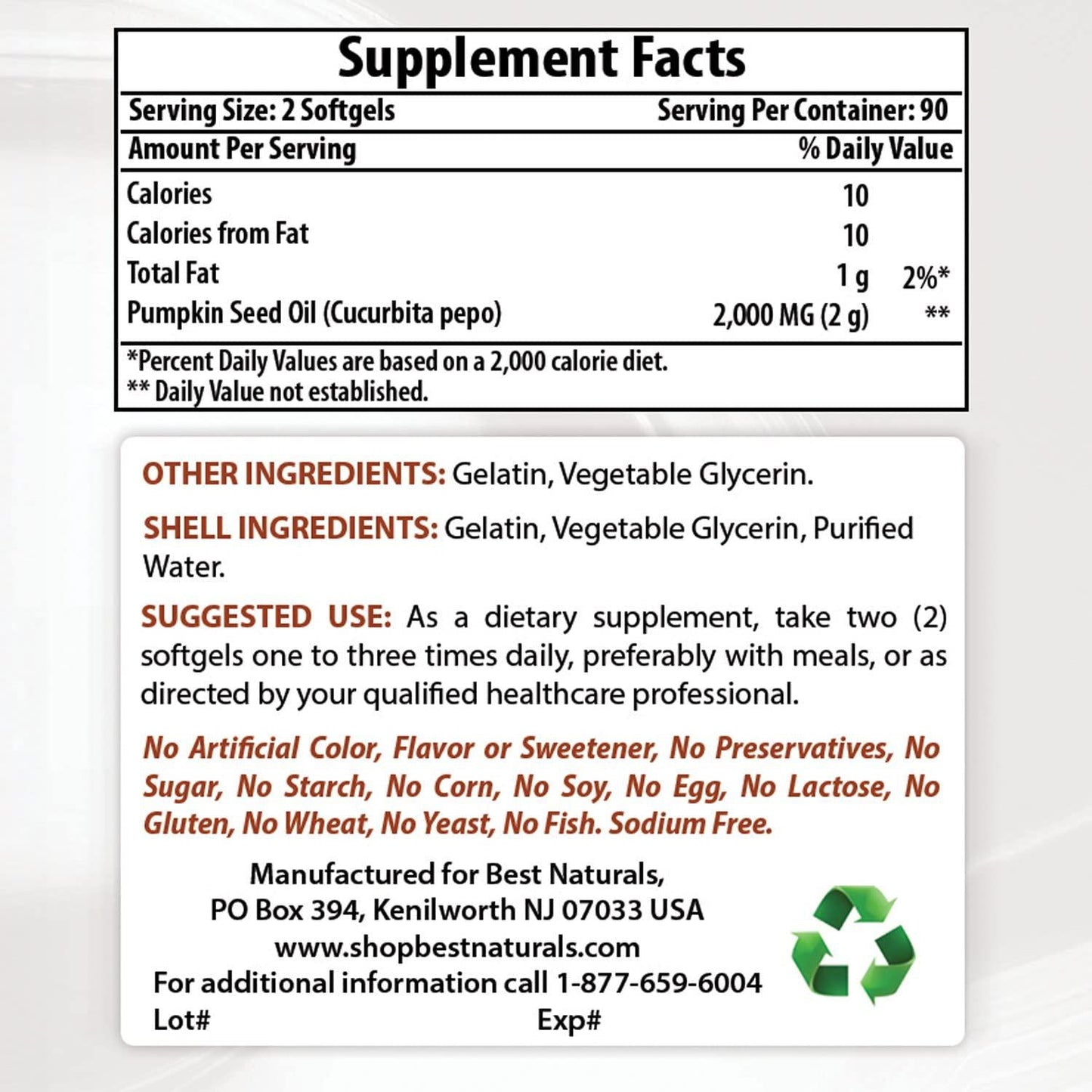 Best Naturals Pumpkin Seed Oil Capsules, 1000 mg, 180 Count