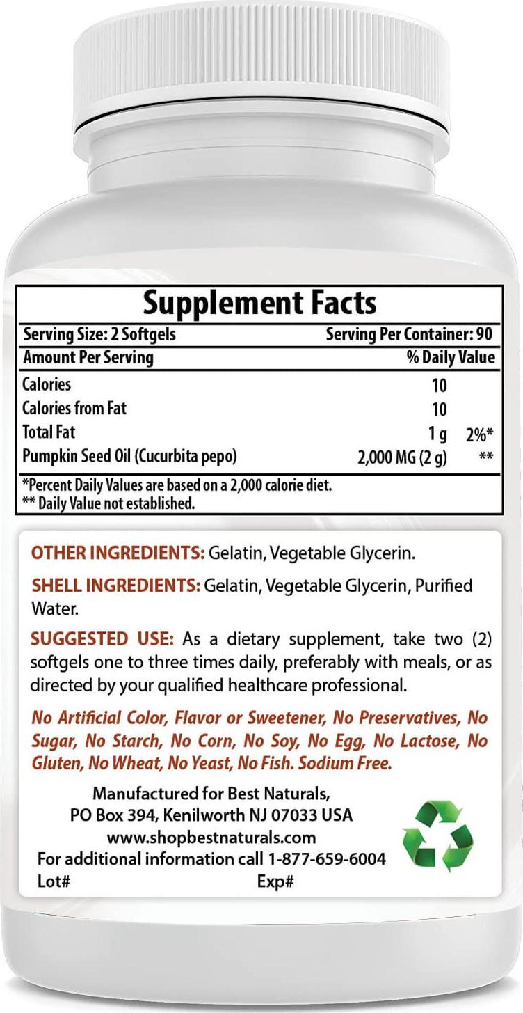 Best Naturals Pumpkin Seed Oil Capsules, 1000 mg, 180 Count