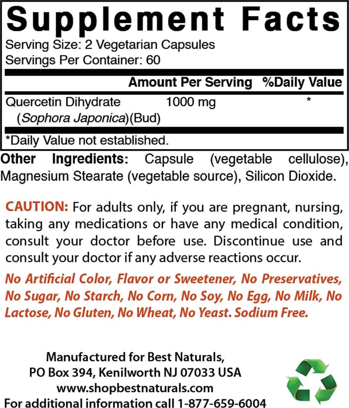 Best Naturals Quercetin 1000 mg/Serving 120 Veggie Capsules (120 Count (Pack of 1))