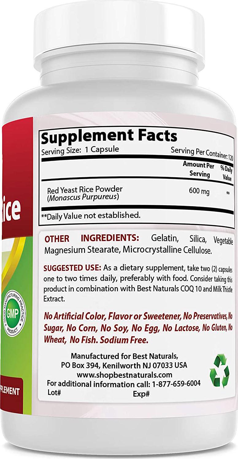 Best Naturals Red Yeast Rice 600 mg Capsules, 120 Count