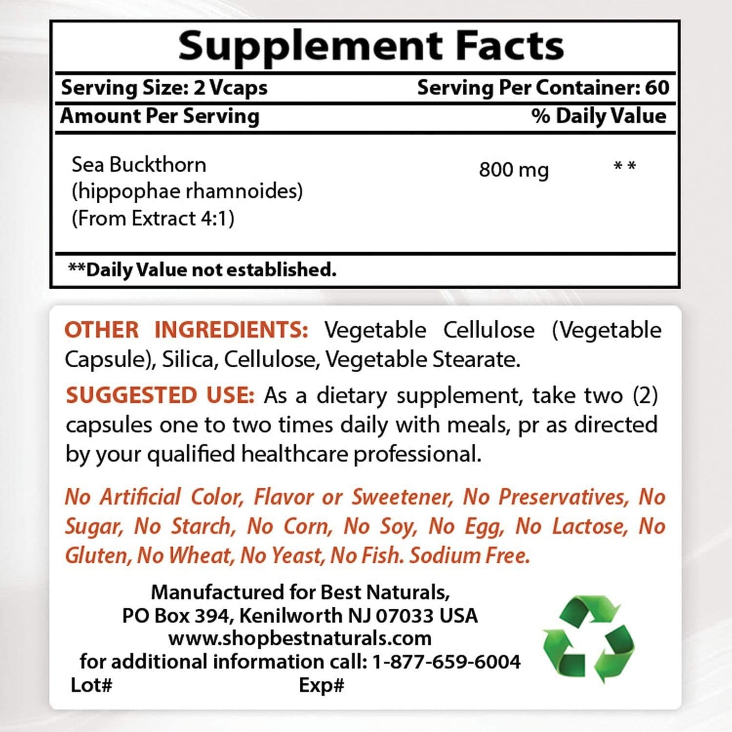 Best Naturals Sea Buckthorn 800 Mg 120 Veggie Capsules