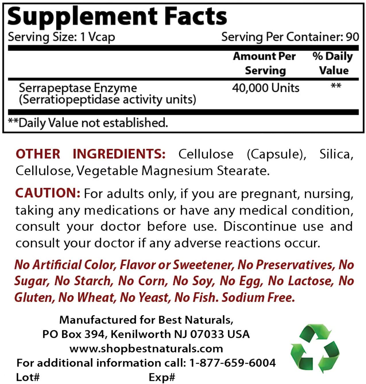 Best Naturals Serrapeptase 40000 SPUs 90 Vcaps